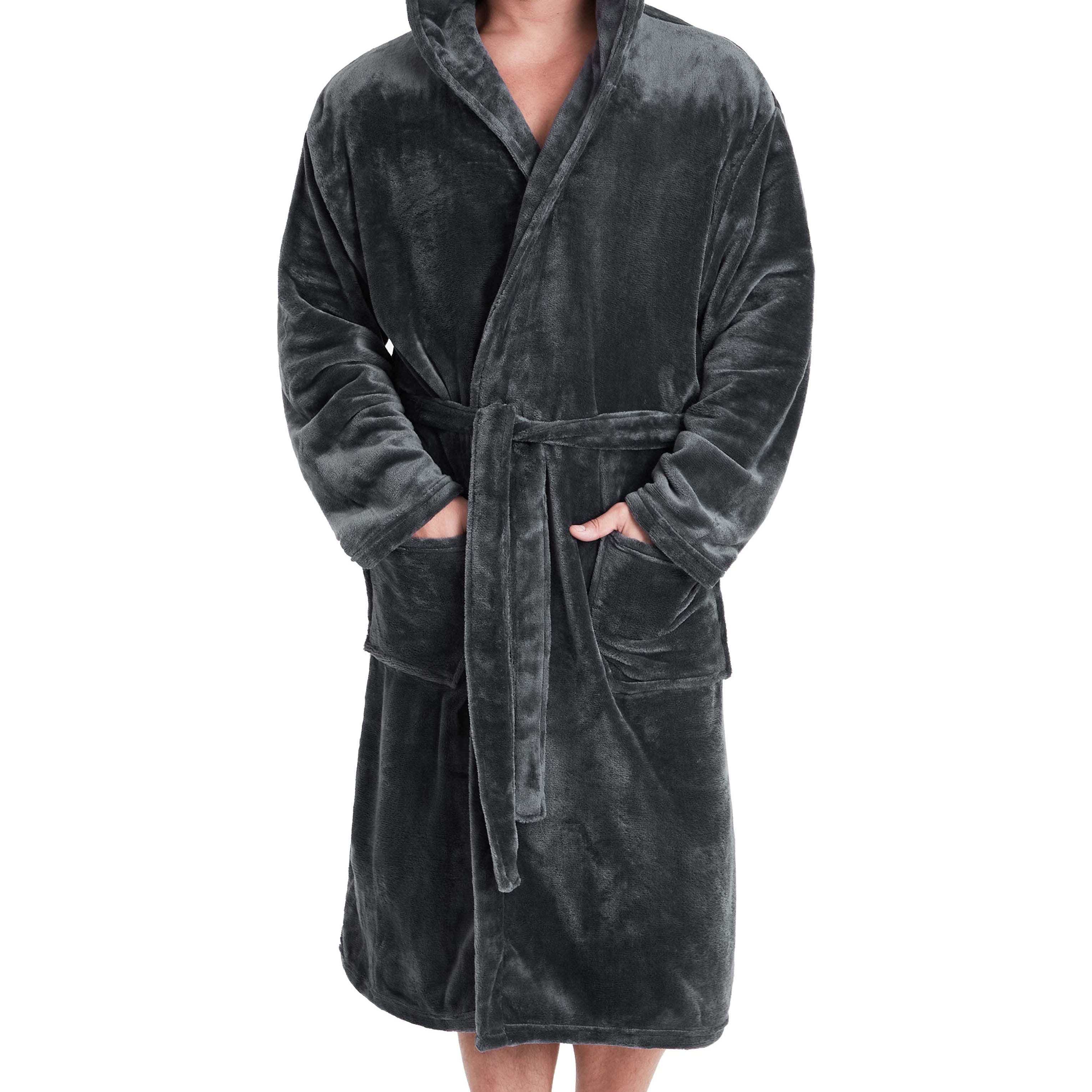 Mens Dressing Gown Super Soft Mens Fleece Robe with Hood Gowns Bathrobe - Get Trend