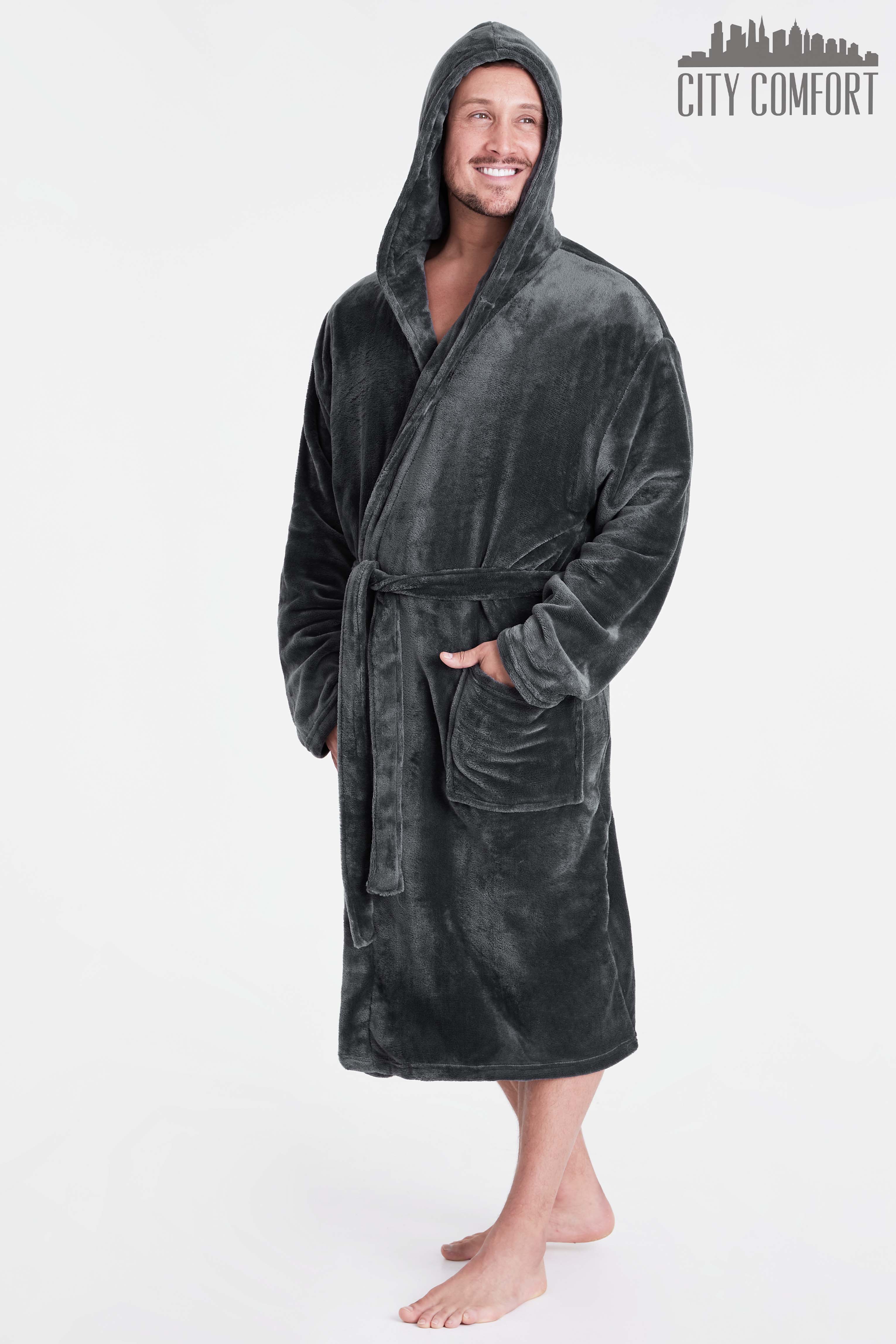 Mens Dressing Gown Super Soft Mens Fleece Robe with Hood Gowns Bathrobe - Get Trend