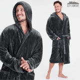 Mens Dressing Gown Super Soft Mens Fleece Robe with Hood Gowns Bathrobe - Get Trend