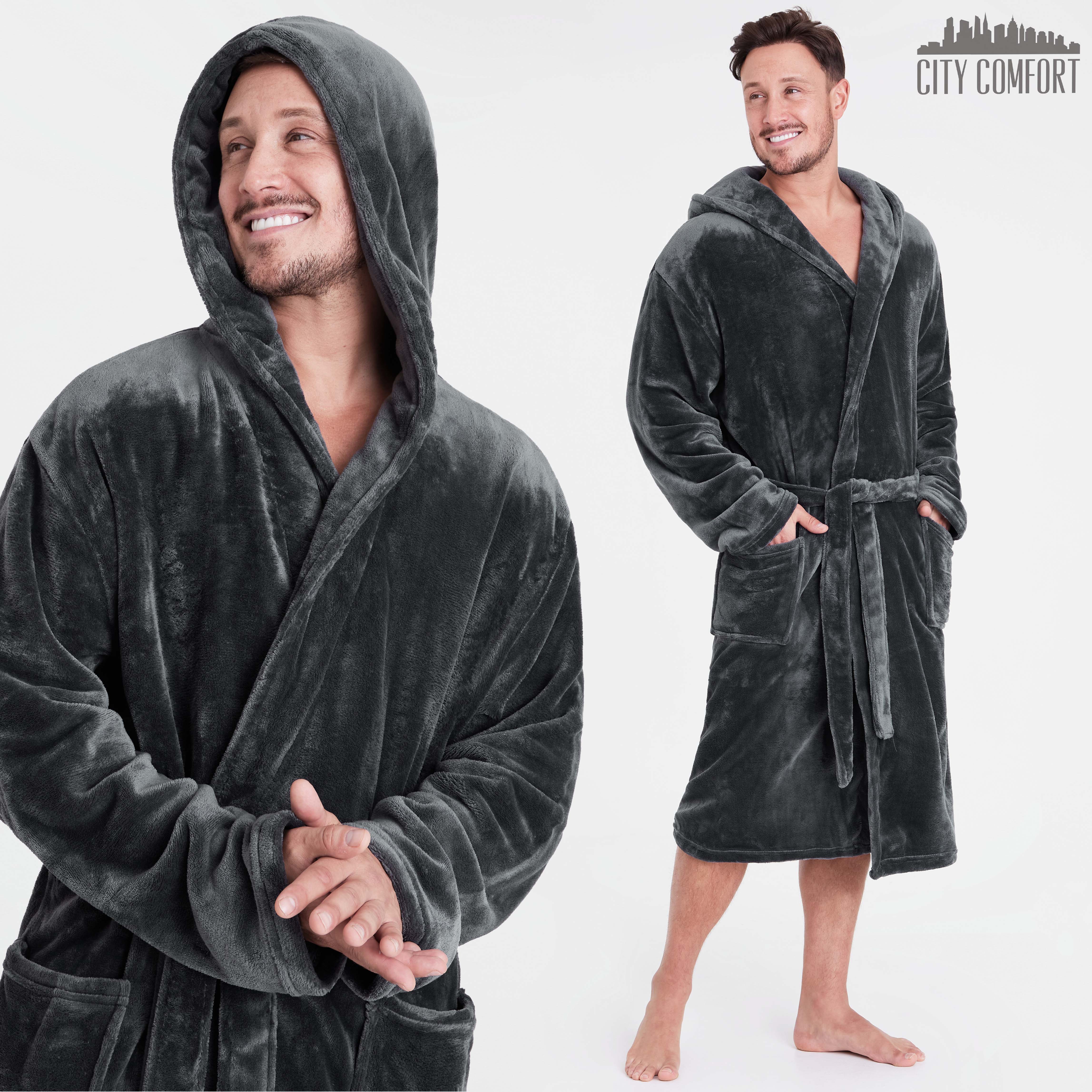 Mens Dressing Gown Super Soft Mens Fleece Robe with Hood Gowns Bathrobe - Get Trend