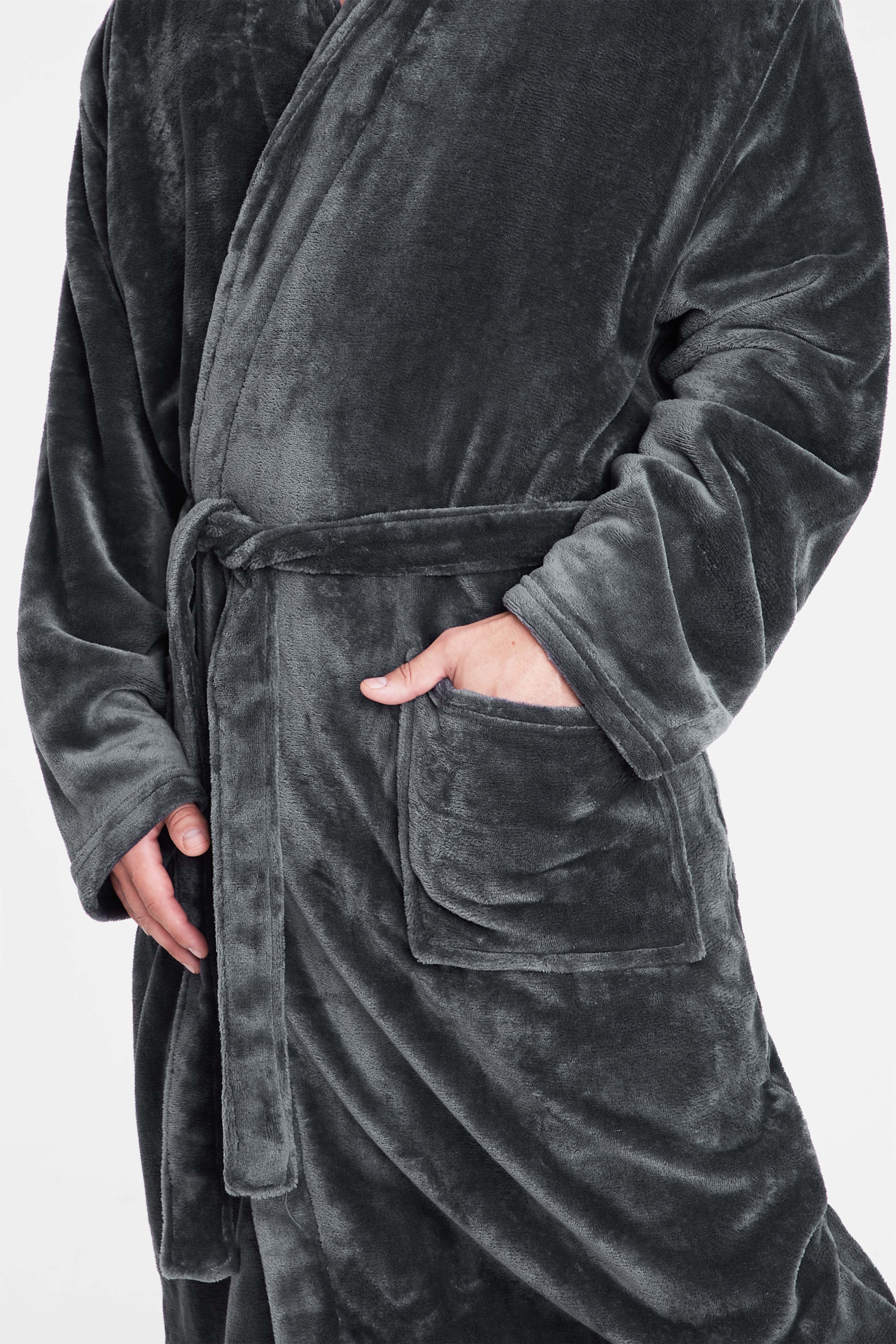 Mens Dressing Gown Super Soft Mens Fleece Robe with Hood Gowns Bathrobe - Get Trend