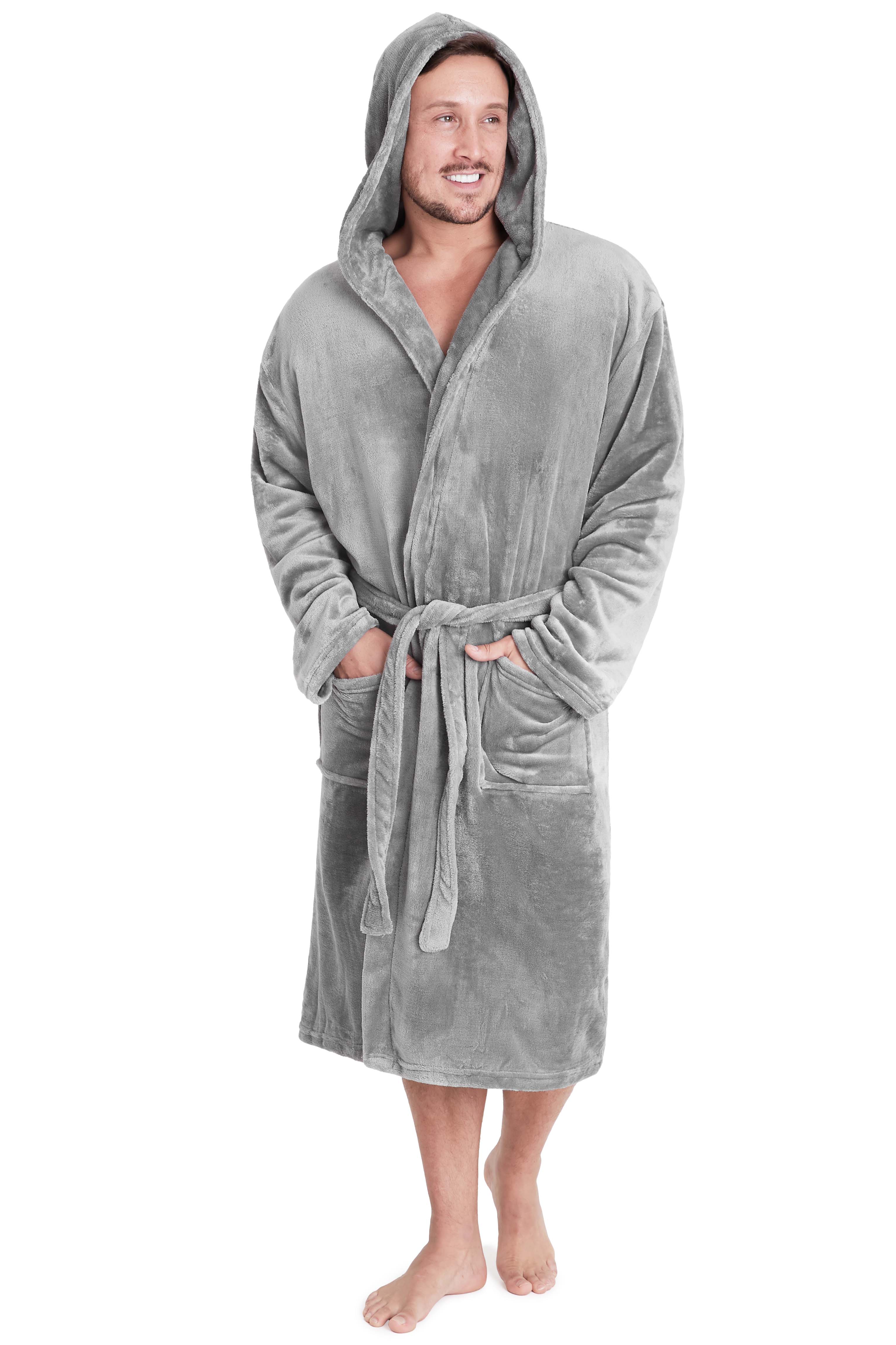 Mens Dressing Gown Super Soft Mens Fleece Robe with Hood Gowns Bathrobe - Get Trend