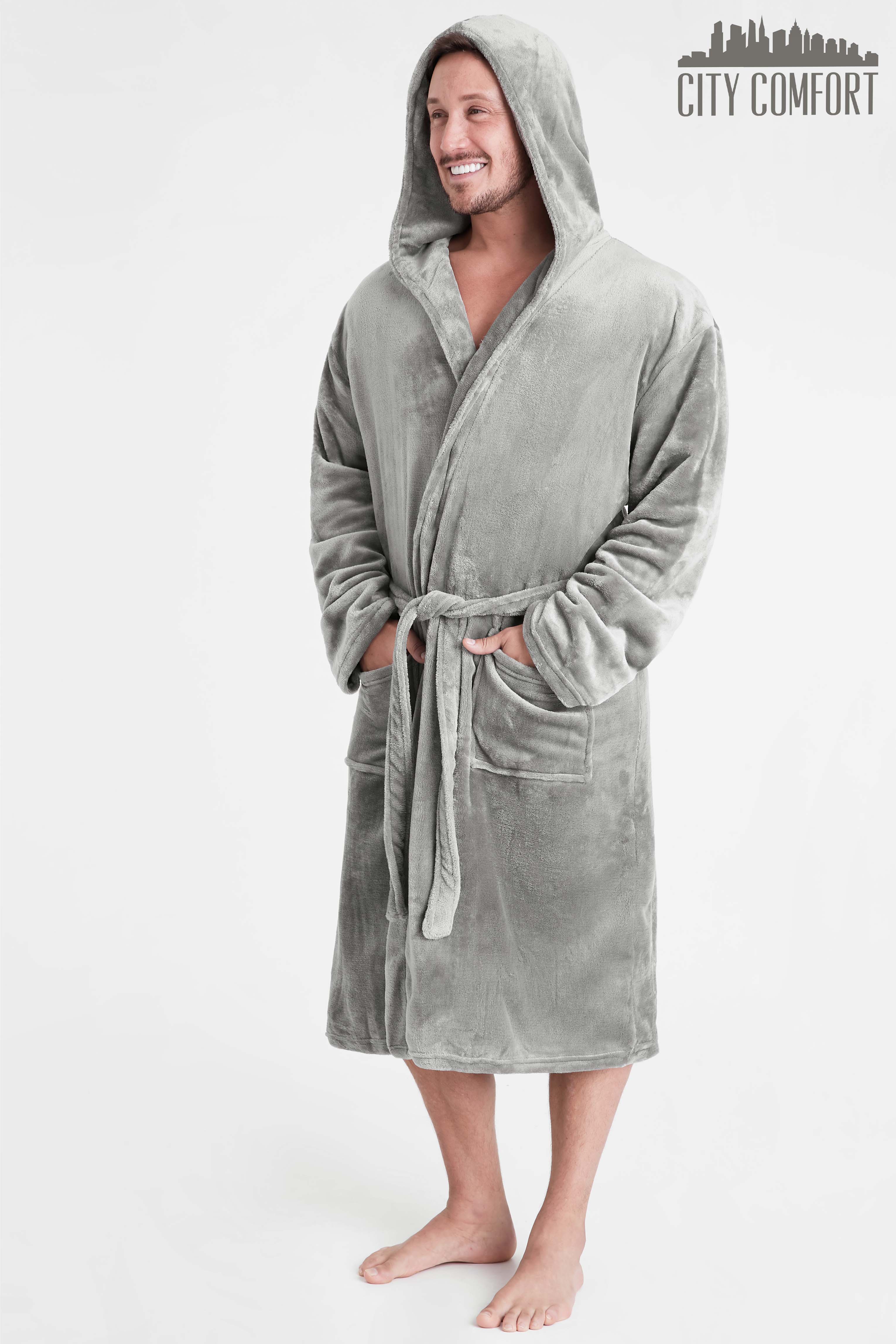 Mens Dressing Gown Super Soft Mens Fleece Robe with Hood Gowns Bathrobe - Get Trend