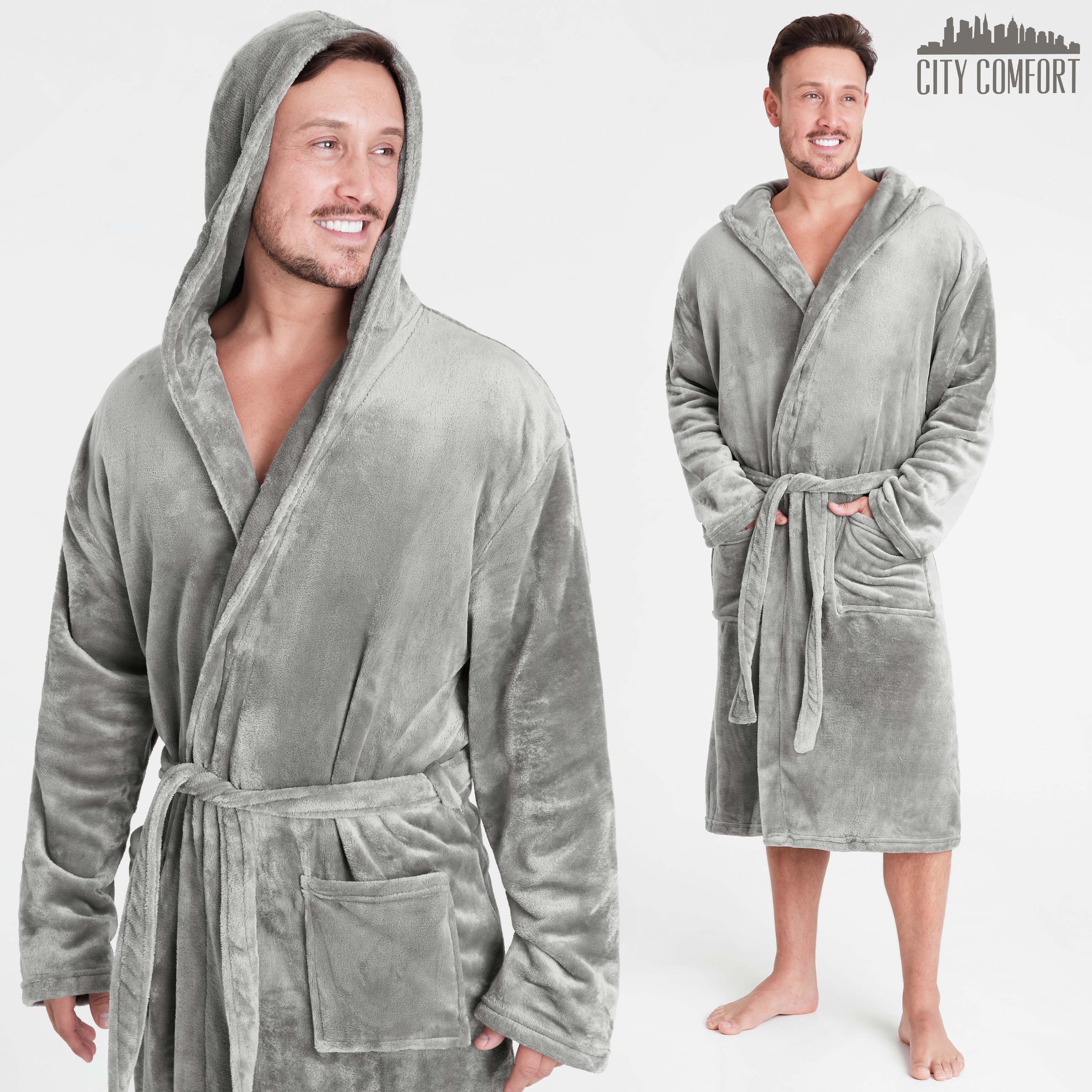 Mens Dressing Gown Super Soft Mens Fleece Robe with Hood Gowns Bathrobe - Get Trend