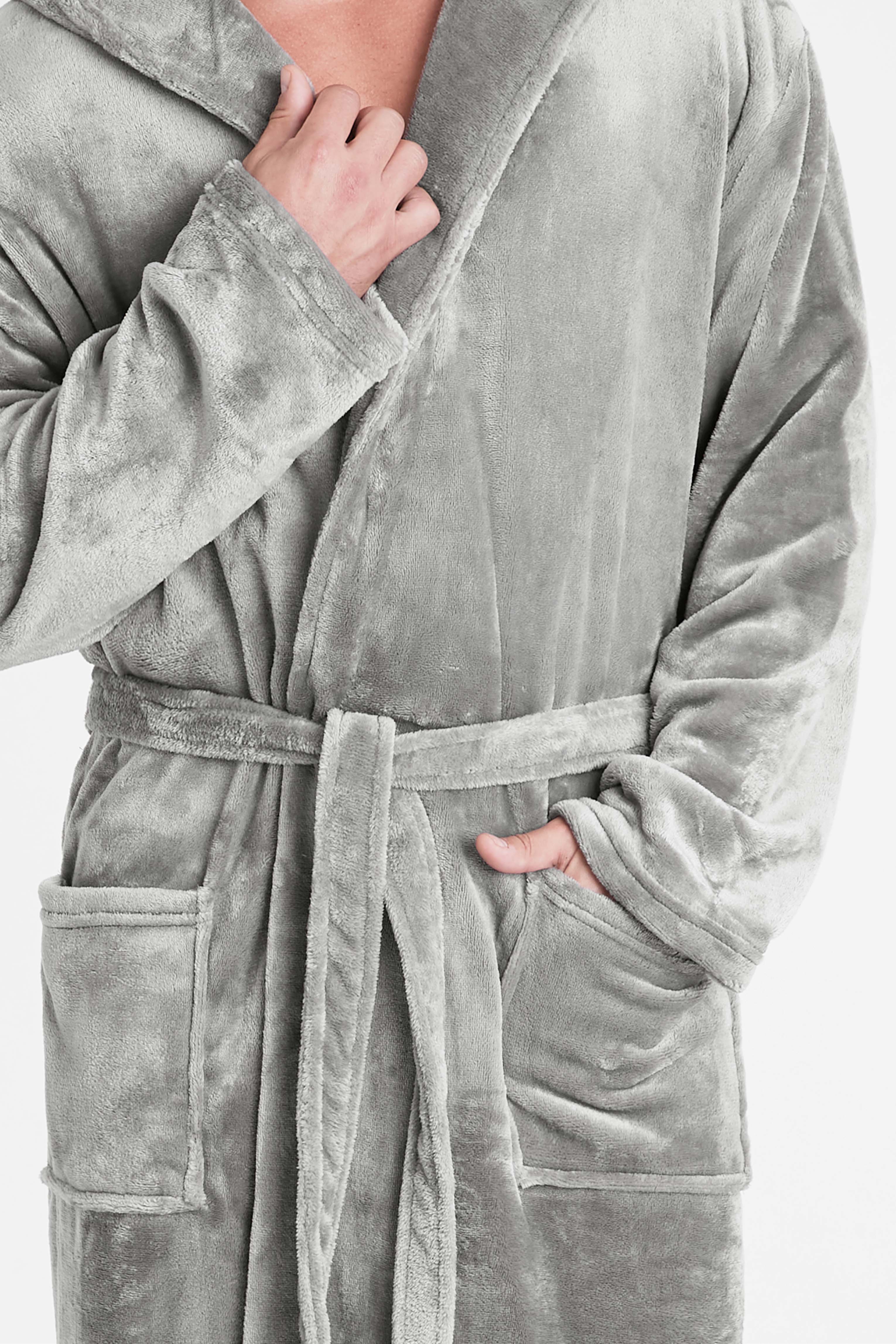 Mens Dressing Gown Super Soft Mens Fleece Robe with Hood Gowns Bathrobe - Get Trend