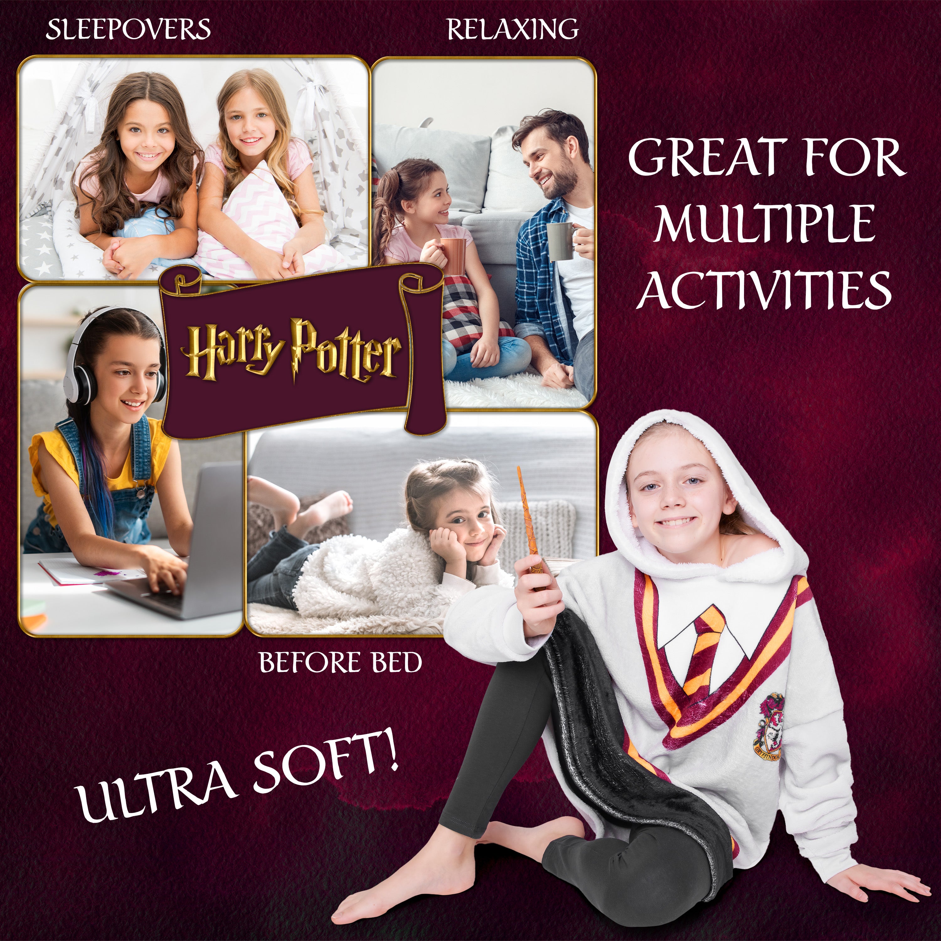 Harry Potter Hoodie Blanket for Kids Teenagers Fleece Wearable Blanket Warm Oversized Hogwarts Gryffindor Hoodie Quidditch Golden Snitch Girls Gifts - Get Trend