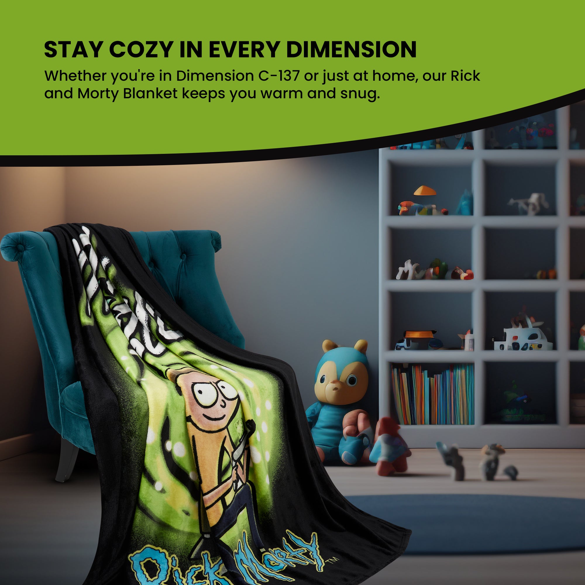 RICK AND MORTY Fleece Blanket -  Black/Green - Get Trend