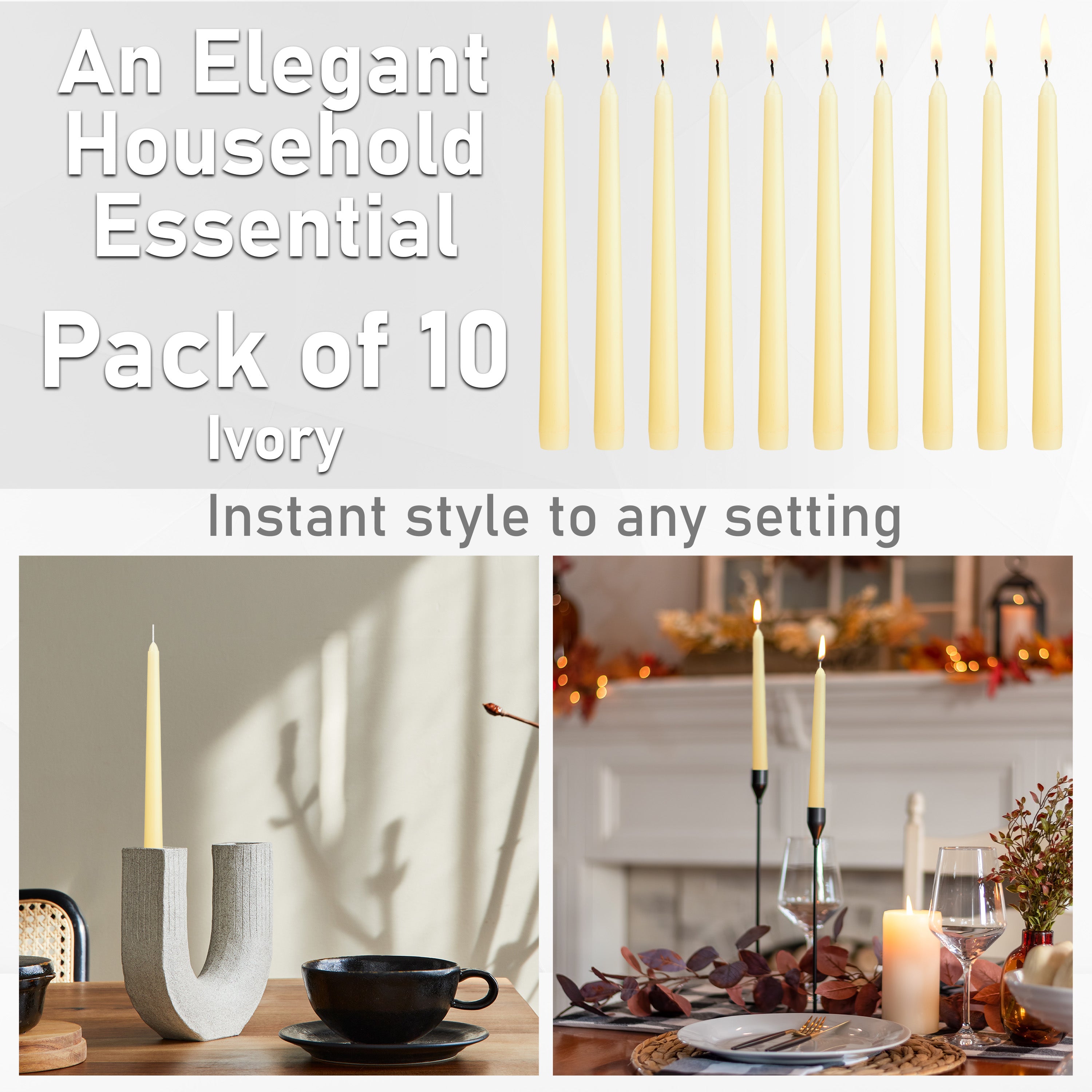 ECO EXPRESS Candles Set Classic Dripless Tapered Metallic Unscented 8H Burning Time, Decorative Dinner Candles for Restaurant Home Christmas (Ivory, 10 Pack) - Get Trend