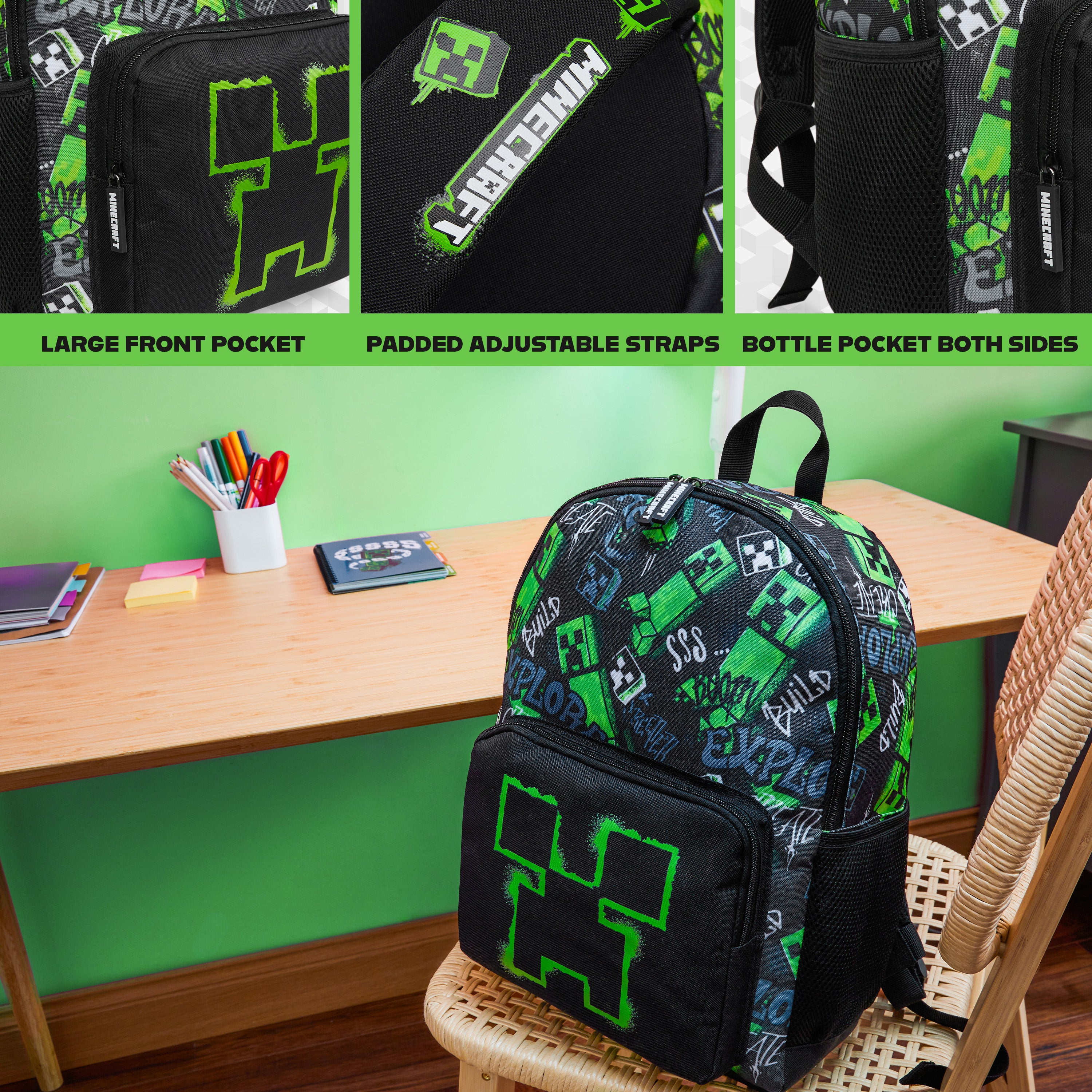 Minecraft Children’s Backpacks for Boys Creeper Rucksack School Bag with Zipped Pockets Adjustable Straps Kids Backpack Travel Sports Gamer Gifts for Boys - Get Trend