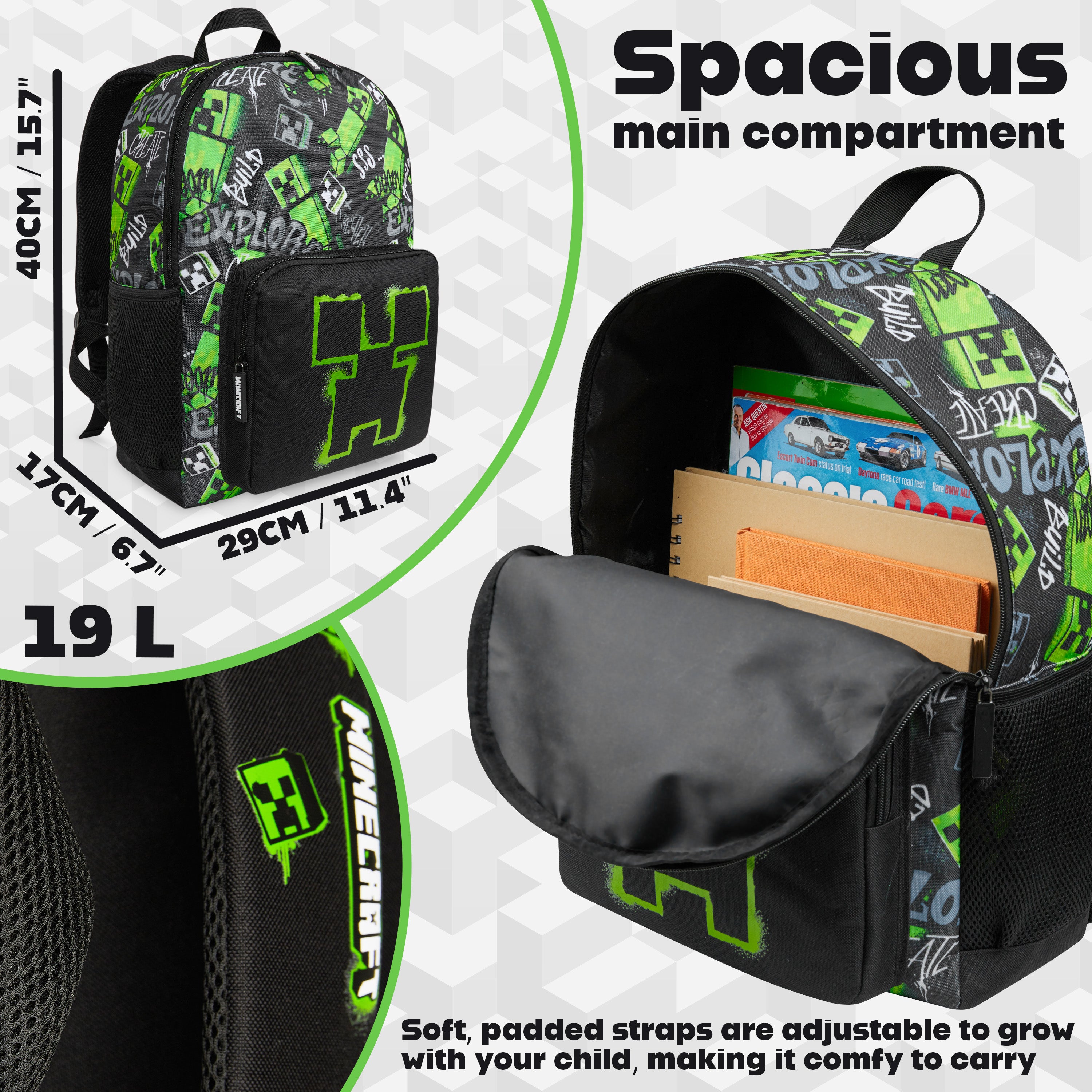 Minecraft Children’s Backpacks for Boys Creeper Rucksack School Bag with Zipped Pockets Adjustable Straps Kids Backpack Travel Sports Gamer Gifts for Boys - Get Trend