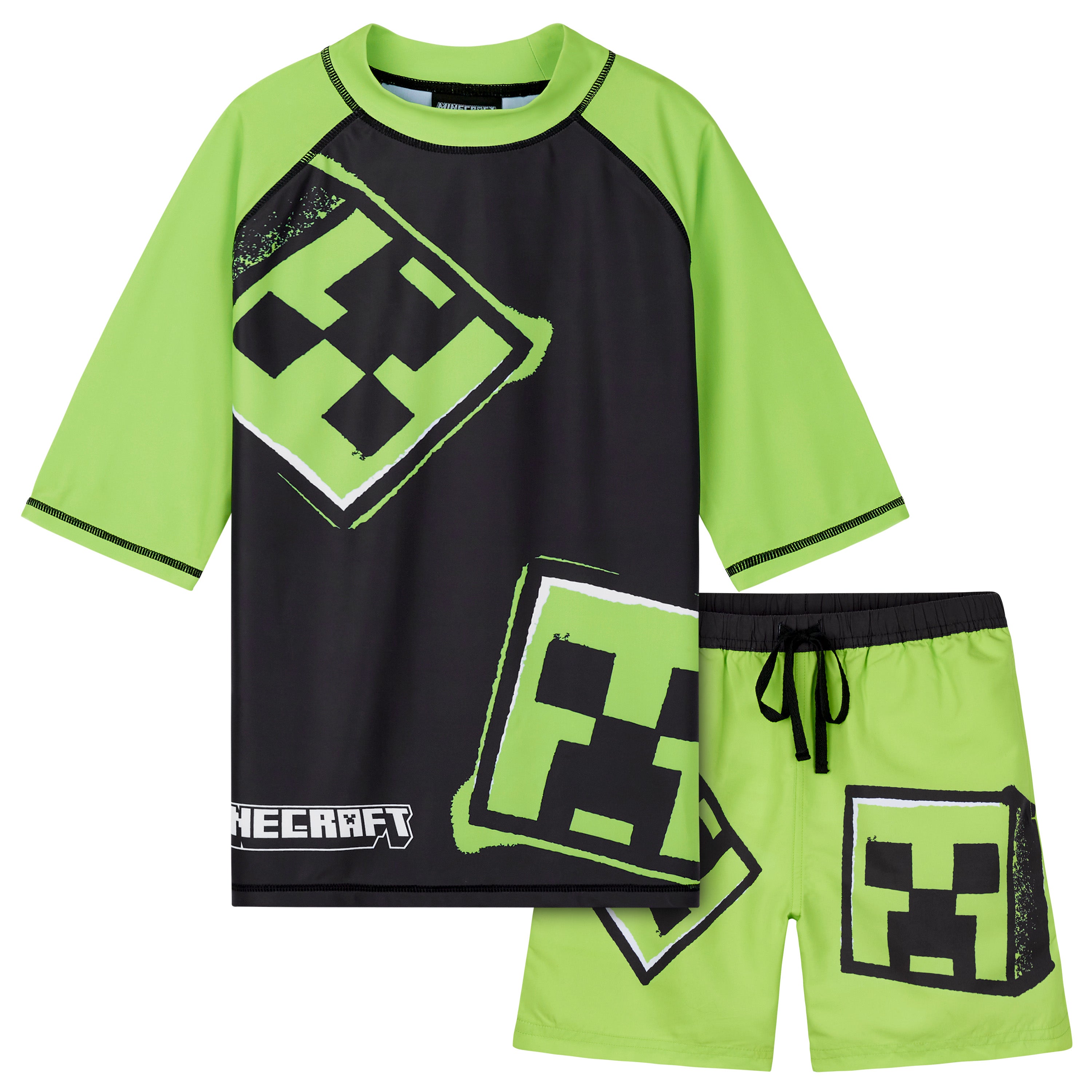 Minecraft Boys 2 Piece Swimwear Set, Swimming Top and Boys Swim Trunks - Light Green/Black - Get Trend