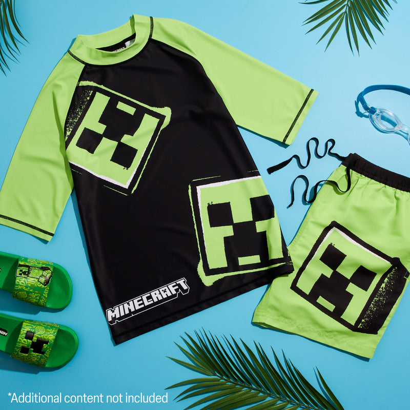 Minecraft Boys 2 Piece Swimwear Set, Swimming Top and Boys Swim Trunks - Light Green/Black - Get Trend