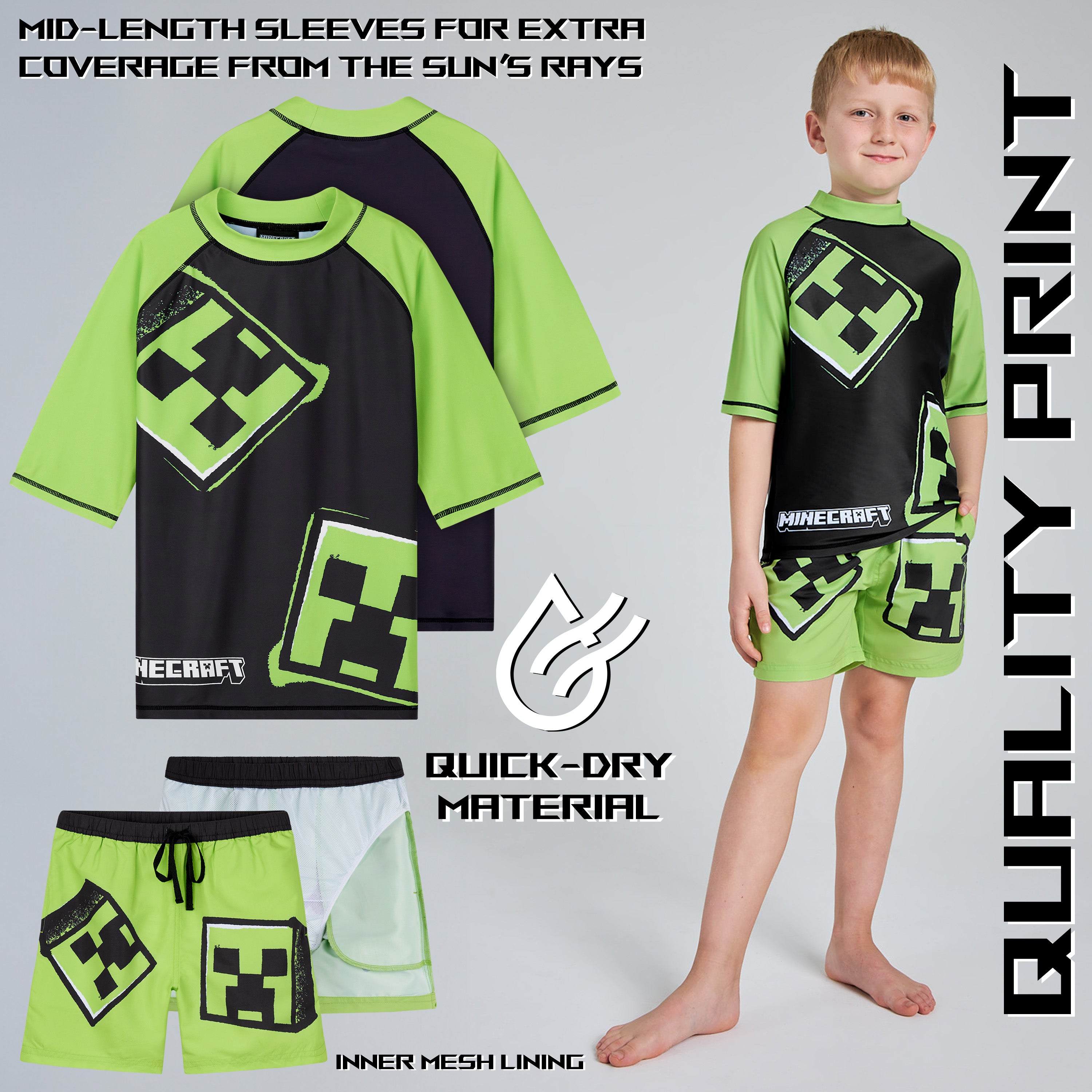 Minecraft Boys 2 Piece Swimwear Set, Swimming Top and Boys Swim Trunks - Light Green/Black - Get Trend