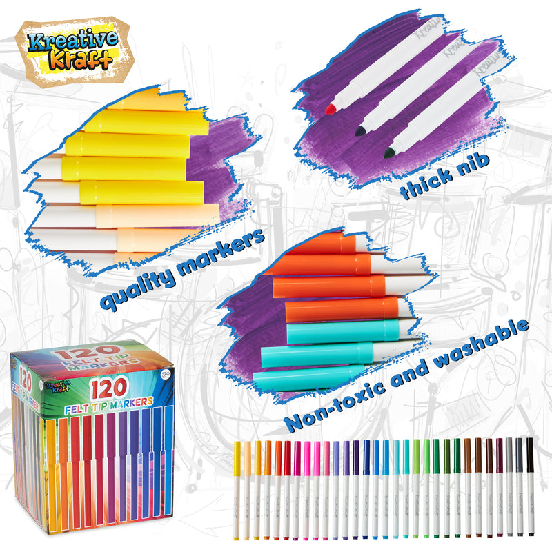 KreativeKraft Colouring Pens Set of 120 Felt Tip Pens - Colouring Pens for Kids, Teens and Adults - 30 Colours