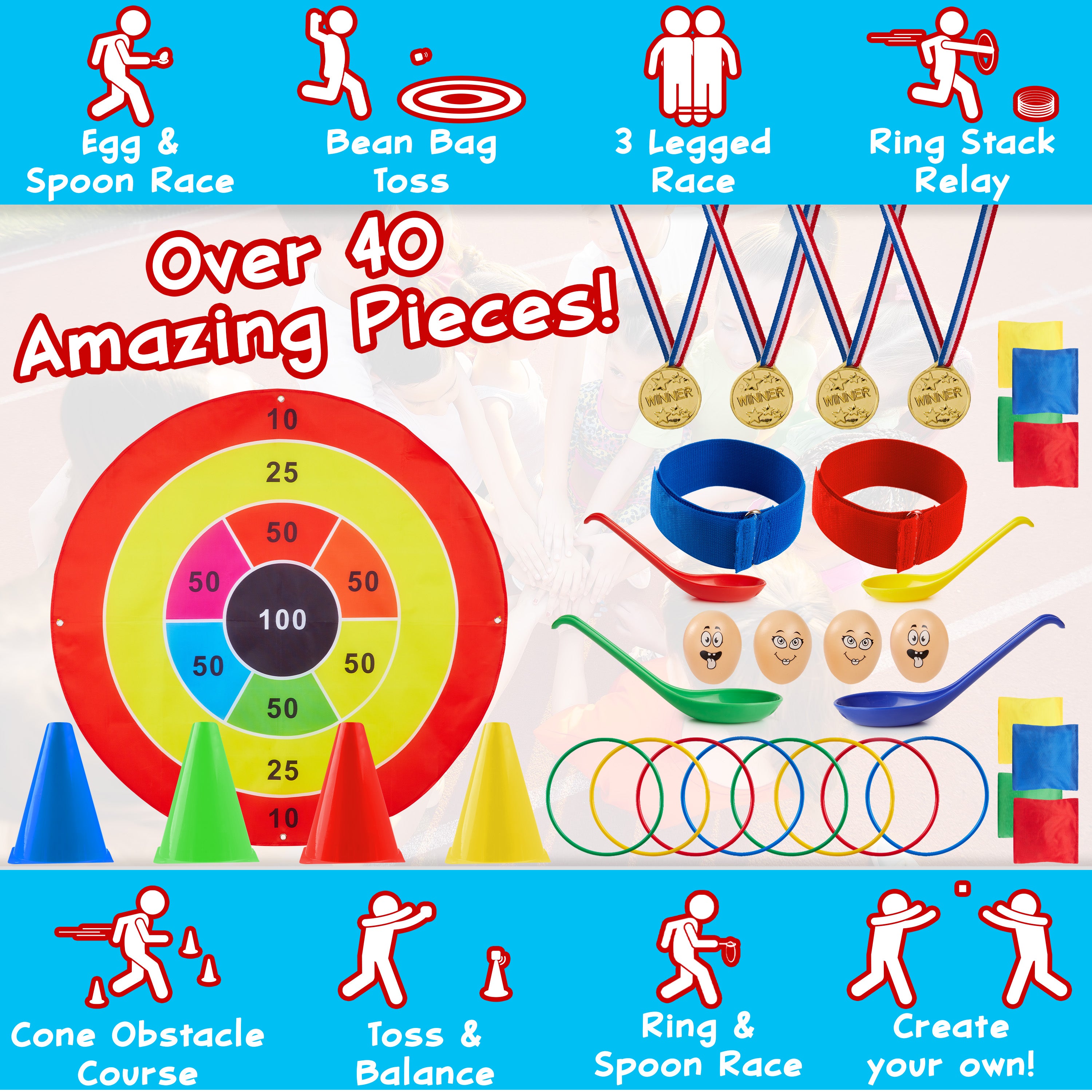 KreativeKraft Kids Games Outdoor Play Equipment for Kids Adults Family Garden Toys Sports Day Kit Egg and Spoon Race Ring Toss Sack Race Bean Bag Snakes and Ladders (8 in 1 Set) - Get Trend