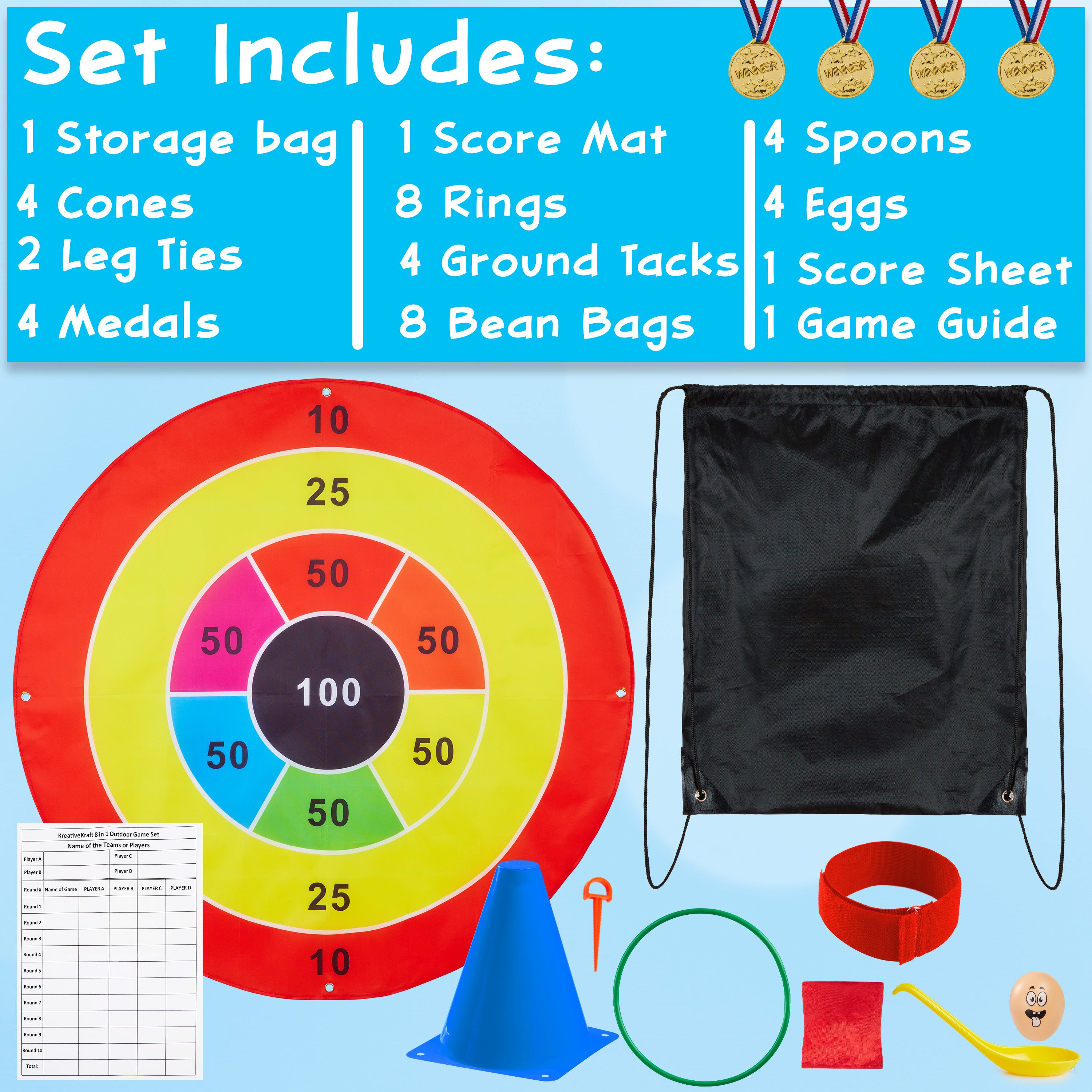 KreativeKraft Kids Games Outdoor Play Equipment for Kids Adults Family Garden Toys Sports Day Kit Egg and Spoon Race Ring Toss Sack Race Bean Bag Snakes and Ladders (8 in 1 Set) - Get Trend