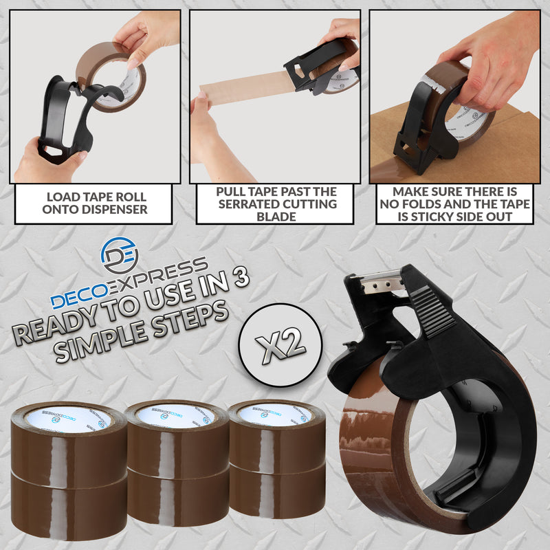 Packaging Tape Dispenser with Tape 6 Rolls - Small Dispenser Brown, 2 Pack - Get Trend