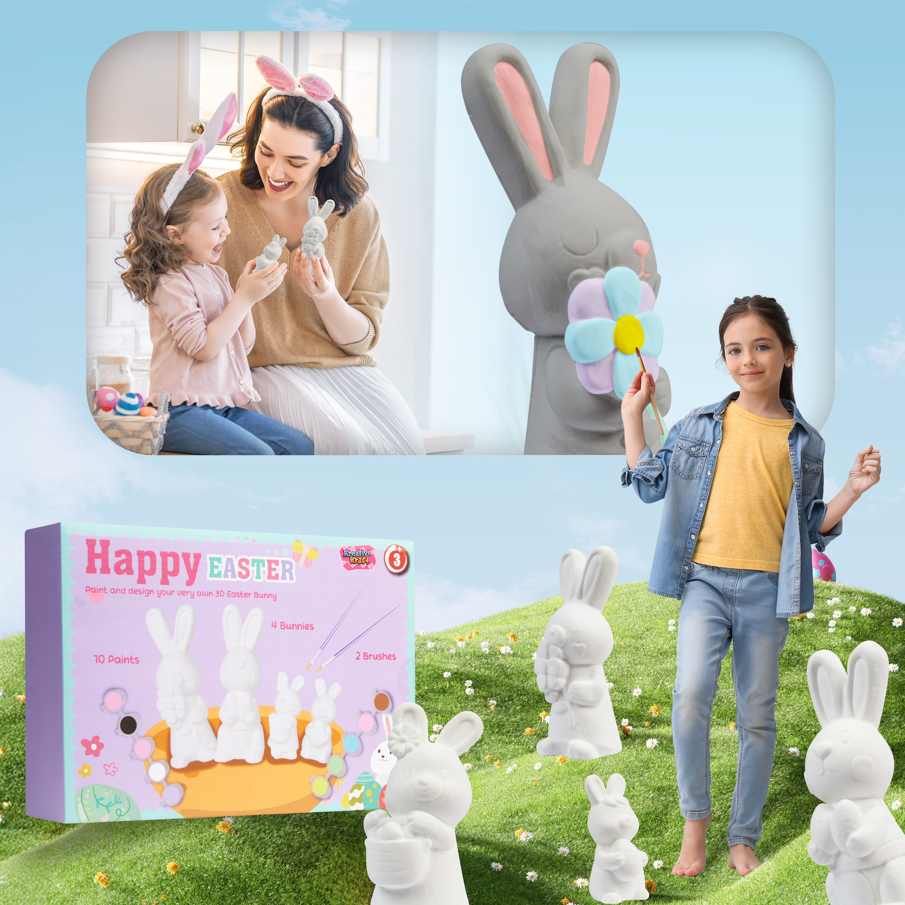 KreativeKraft DIY Easter Eggs Kids Paint Art Supplies Paint Your Own Easter Egg Bunny Craft Kits for Kids Adults Party Family Activity Decorations (Bunnies 4 Pack) - Get Trend