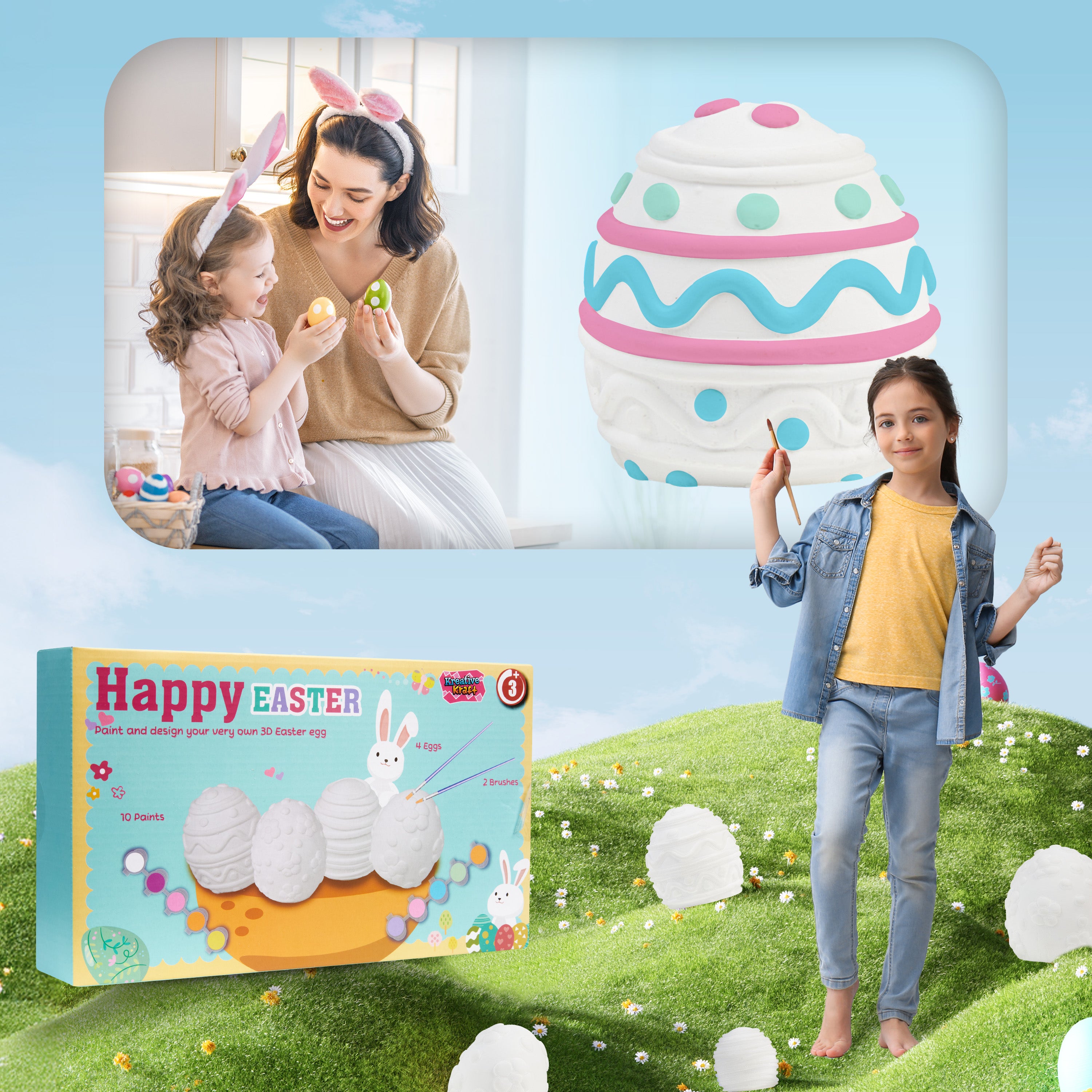 KreativeKraft DIY Easter Eggs Kids Paint Art Supplies Paint Your Own Easter Egg Bunny Craft Kits for Kids Adults Party Family Activity Decorations (Eggs 4 Pack) - Get Trend