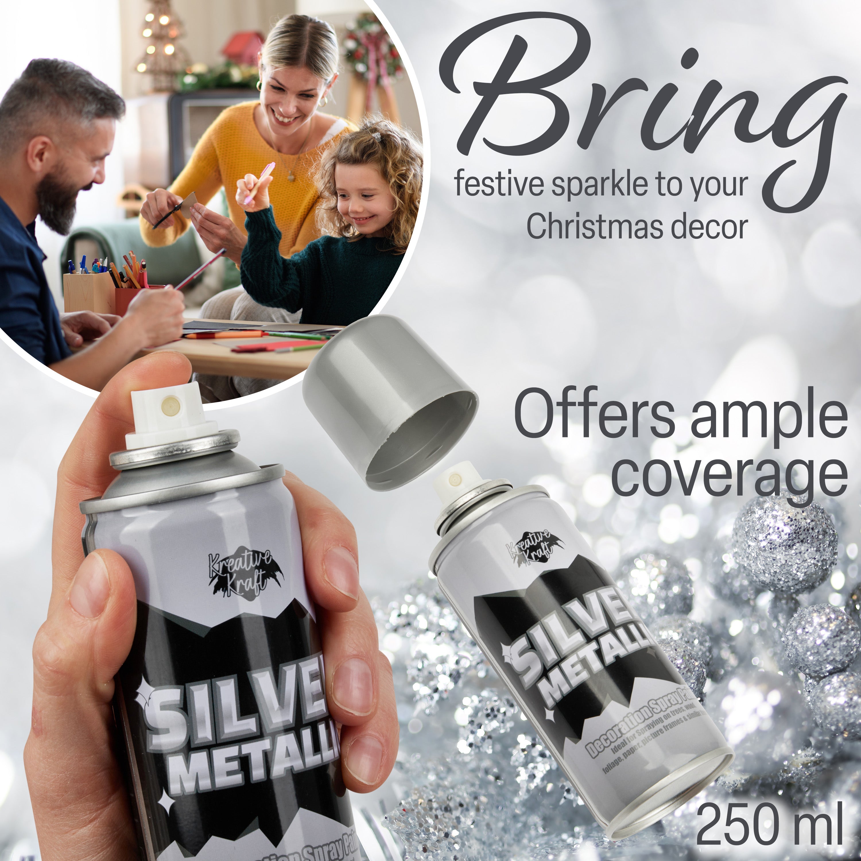 KreativeKraft Metallic Silver Spray Paint Christmas Crafts Festive Xmas Decor 250ml - Get Trend