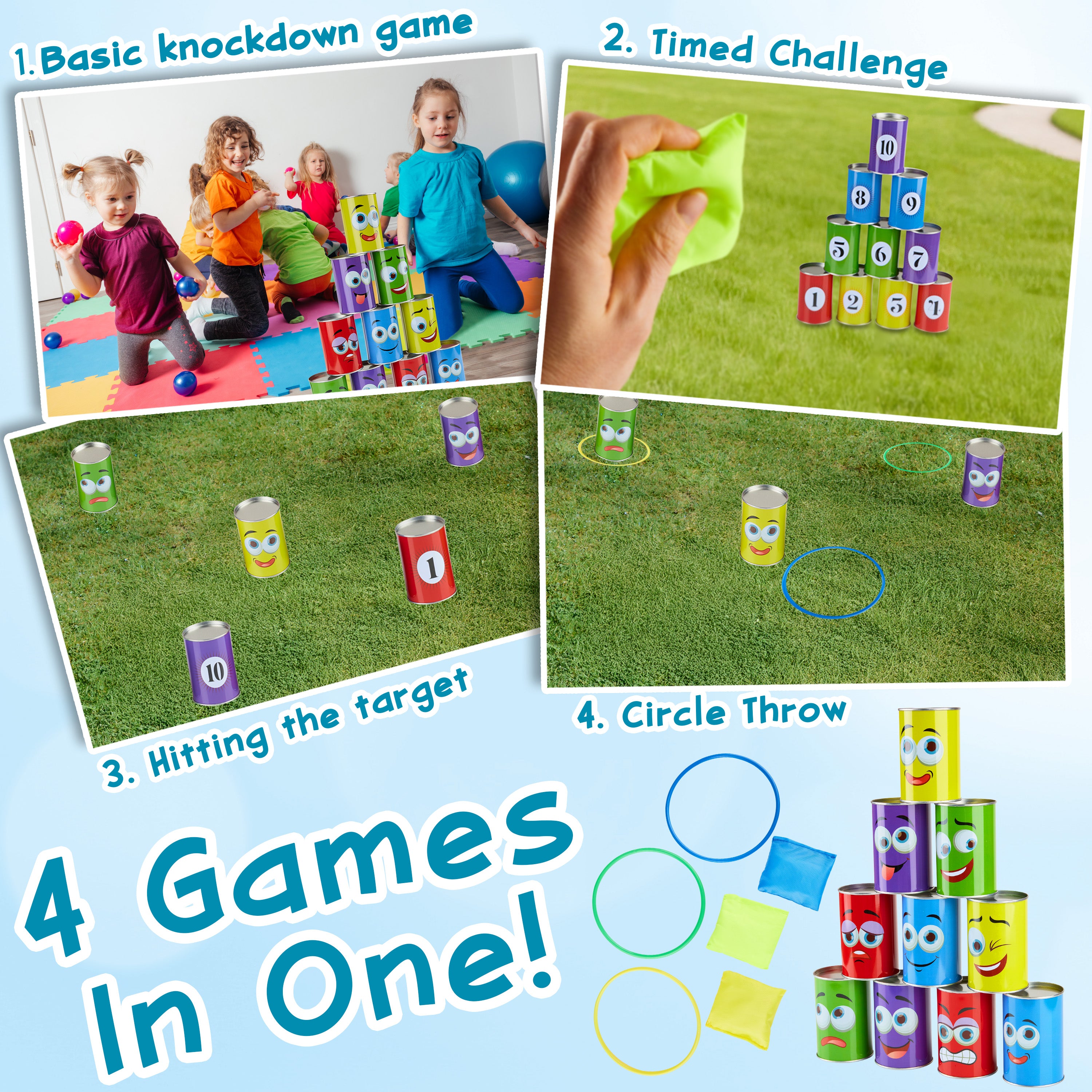 KreativeKraft Kids Games Outdoor Play Equipment for Kids Adults Family Garden Toys Sports Day Kit Egg and Spoon Race Ring Toss Sack Race Bean Bag Snakes and Ladders (Tin Can Alley) - Get Trend