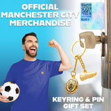 Manchester City F.C. Keyring and Pin Badge Gift Set, Supporters Gear - Man City Gifts