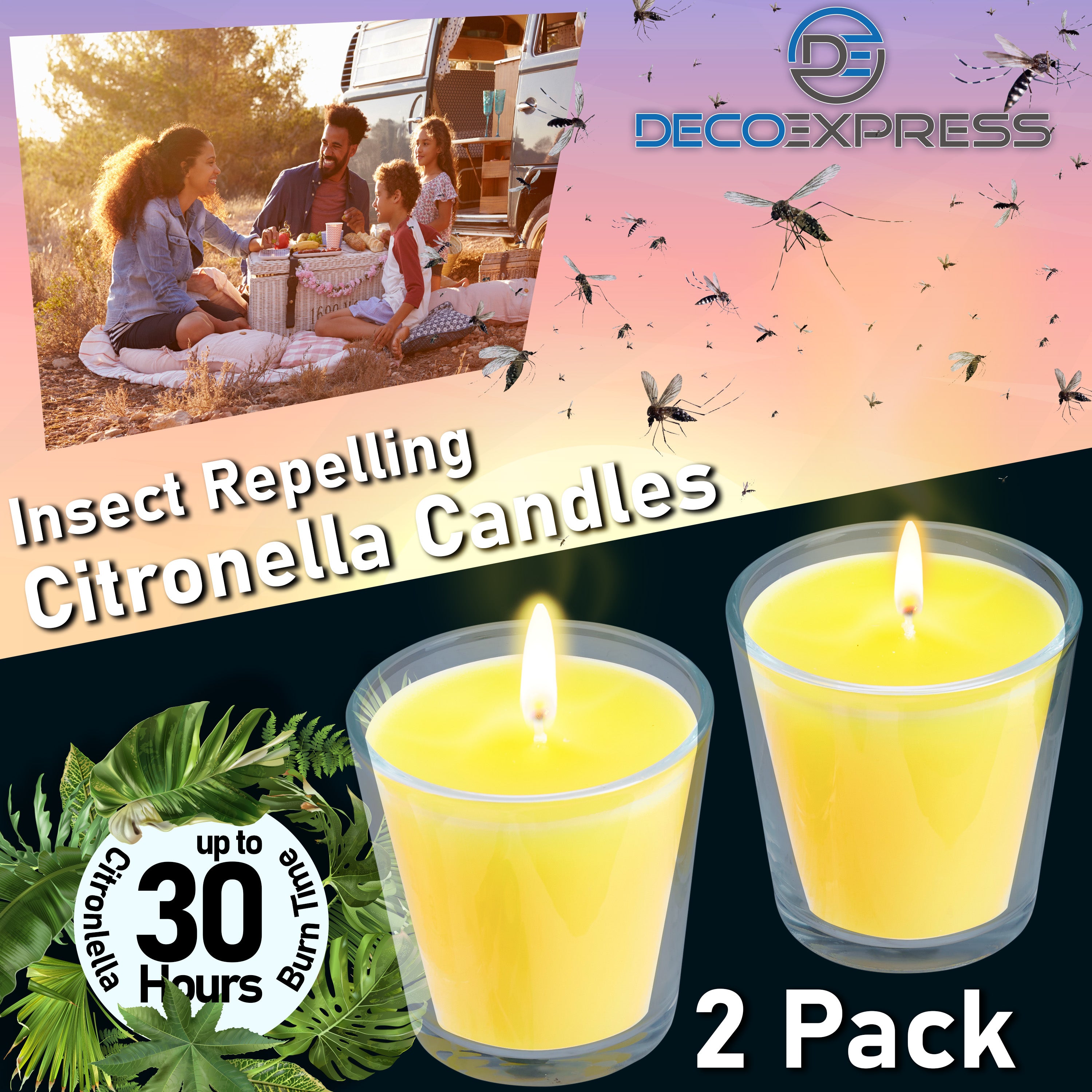 Deco Express Citronella Candle Set, Insect Repellent Jar Candles - Pack of 2/30 Hour Burn Time - Get Trend