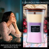 DECO EXPRESS Scented Candles with 3 Layer Scent Trilogy Crackle Wick Candle Long Burning Hourglass Candle Calming Home Decor Housewarming Gifts (Vanilla Macaroon/Black Cherry/Cherry Blossom)