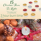 DECO EXPRESS Christmas Tealight Candle Set, Multipack of 15 with 3 Hours Burning Time Festive Xmas Decor Unscented (Multi 15 Pack)