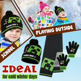 Minecraft Cold Weather Set - Creeper Beanie Hat Scarf and Gloves Set Kids Winter Set