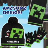 Minecraft Cold Weather Set - Creeper Beanie Hat Scarf and Gloves Set Kids Winter Set