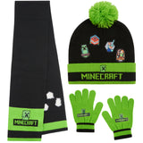 Minecraft Cold Weather Set - Creeper Beanie Hat Scarf and Gloves Set Kids Winter Set - Gaming Gifts for Boys