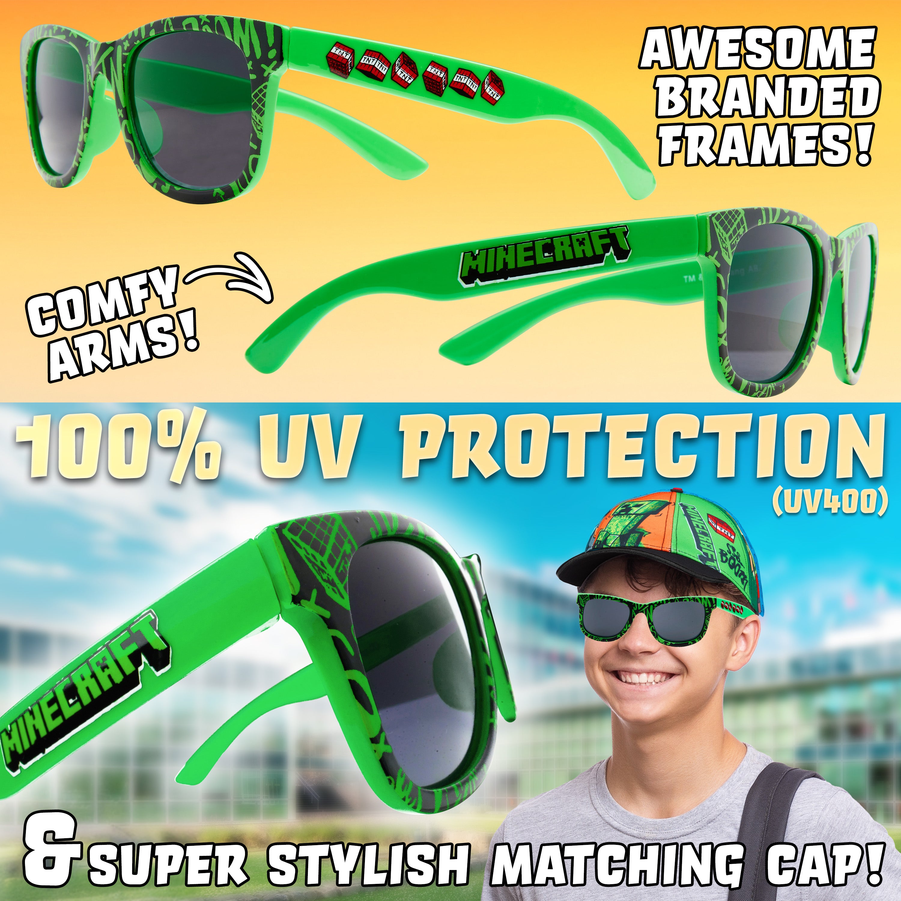 Minecraft Sunglasses Baseball Cap Set Creeper Adjustable Boys Hat 100% UV Kids Sunglasses Holiday Accessories Gamer Gifts - Get Trend