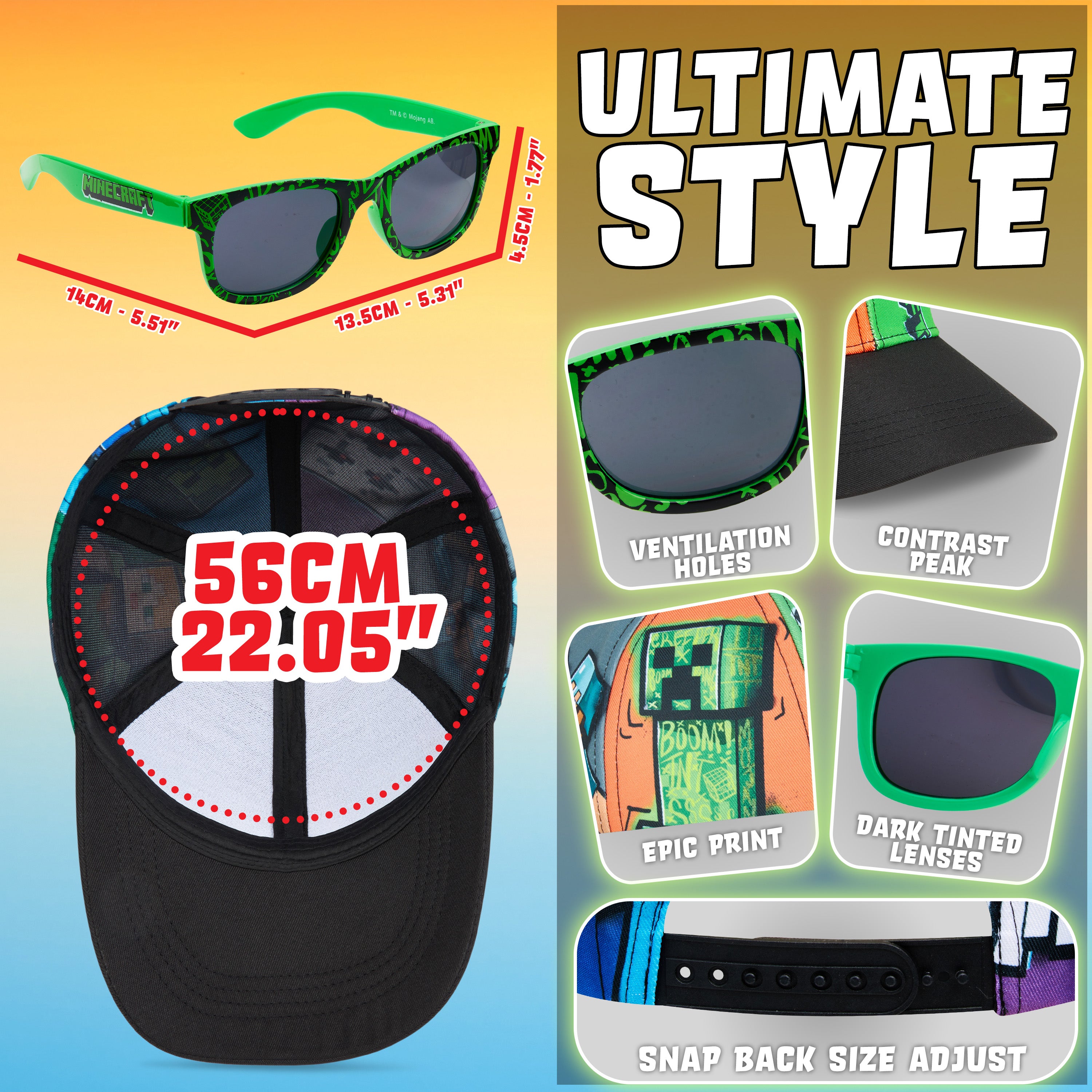 Minecraft Sunglasses Baseball Cap Set Creeper Adjustable Boys Hat 100% UV Kids Sunglasses Holiday Accessories Gamer Gifts - Get Trend