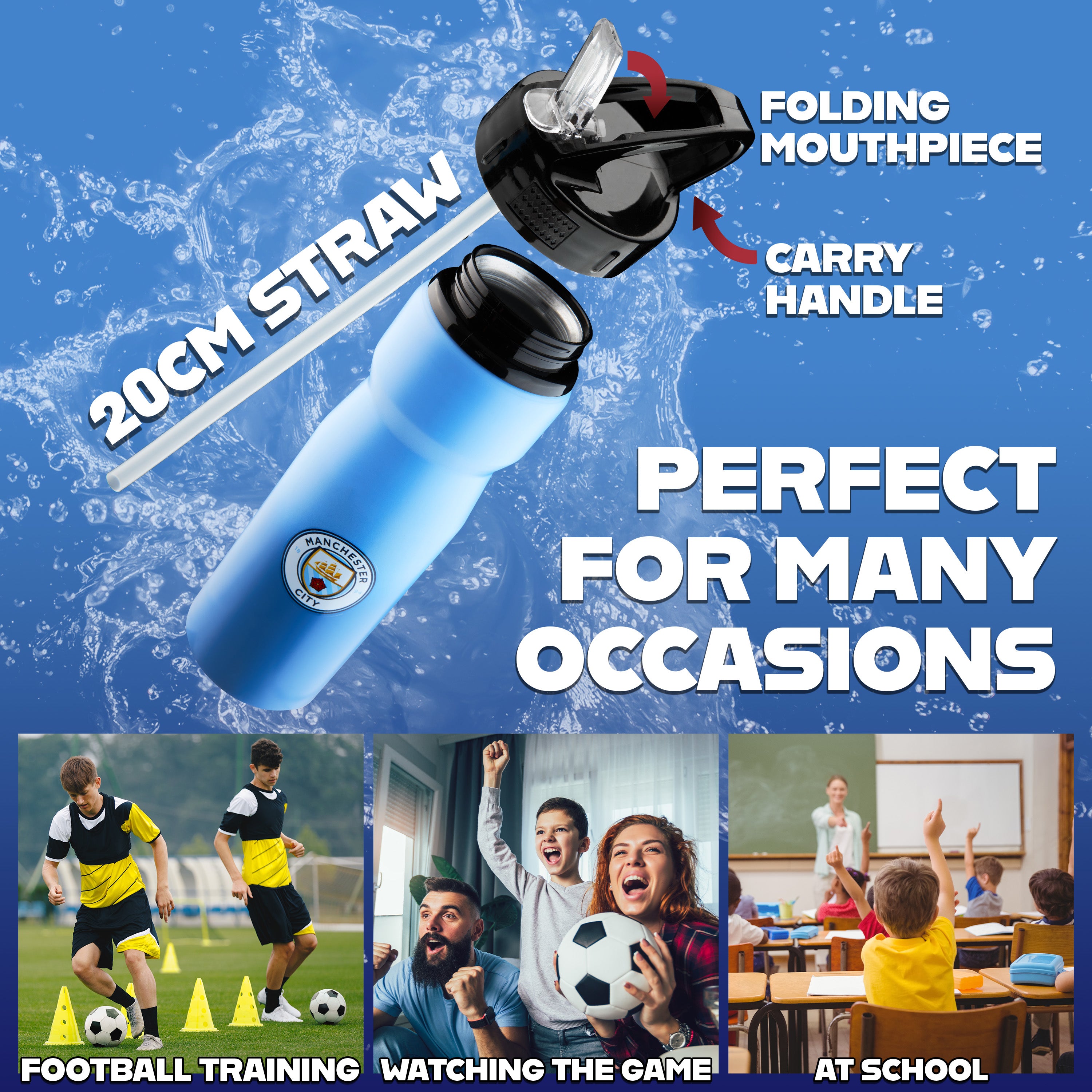 MANCHESTER CITY FC Water Bottle with Straw Metal Water Bottle Football Fans - Get Trend