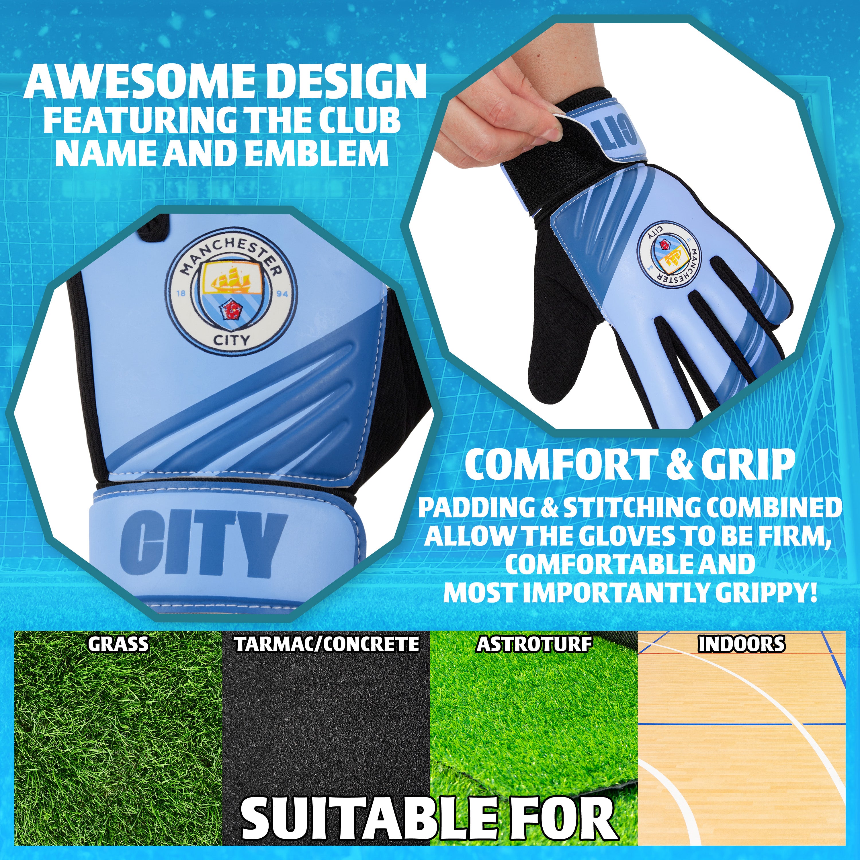 MANCHESTER CITY F.C. Goalkeeper Gloves for Kids Teenagers Non Slip Padded Palms Size 5 - Get Trend
