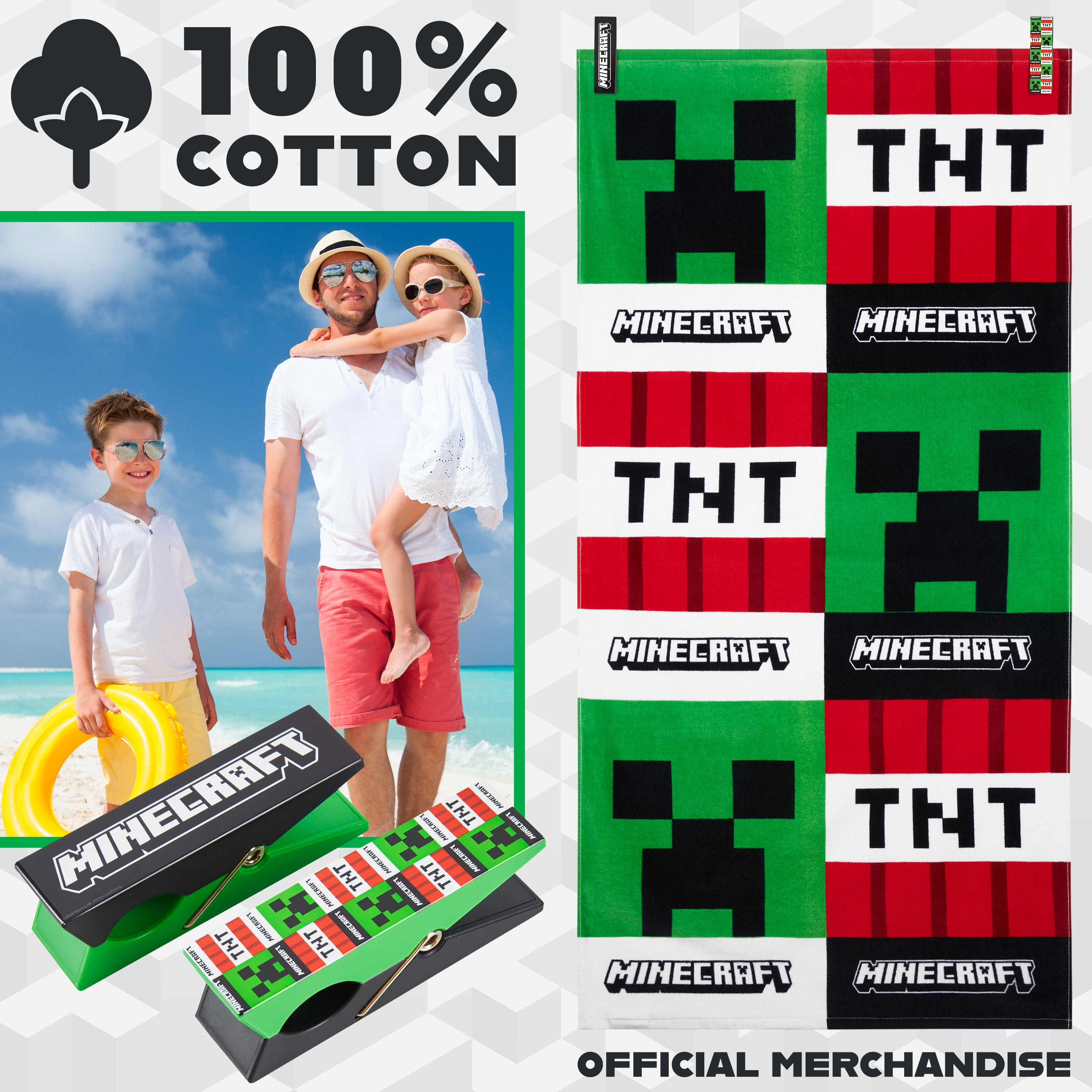 Minecraft Towel Kids Teens 2 Pegs Clips Beach Towel Soft Absorbent Bath Shower Creeper Swimming Towel 100% Cotton Quick Dry Holiday Essentials 140x70cm - Get Trend