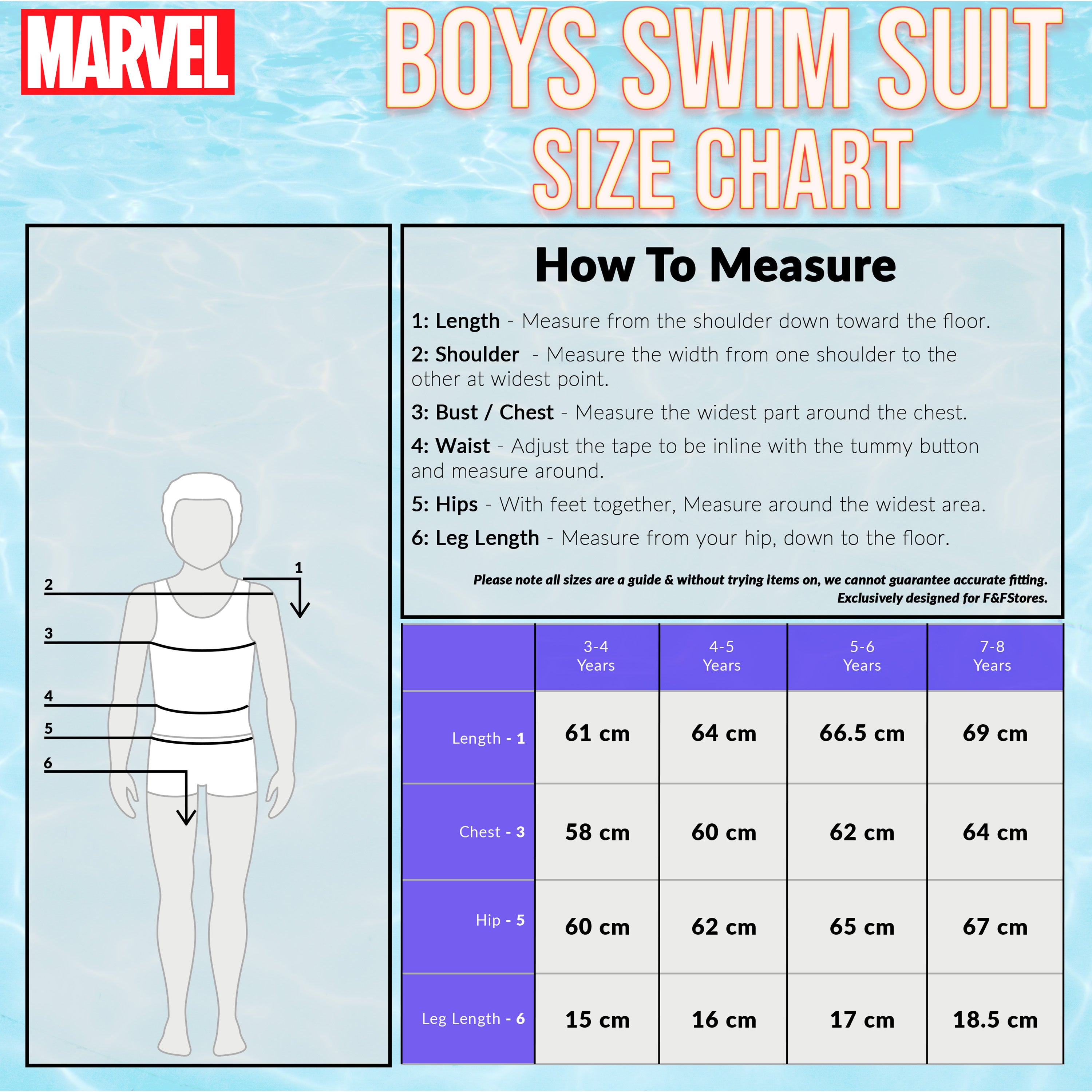 Marvel Adventures Swim suit Boys size guide