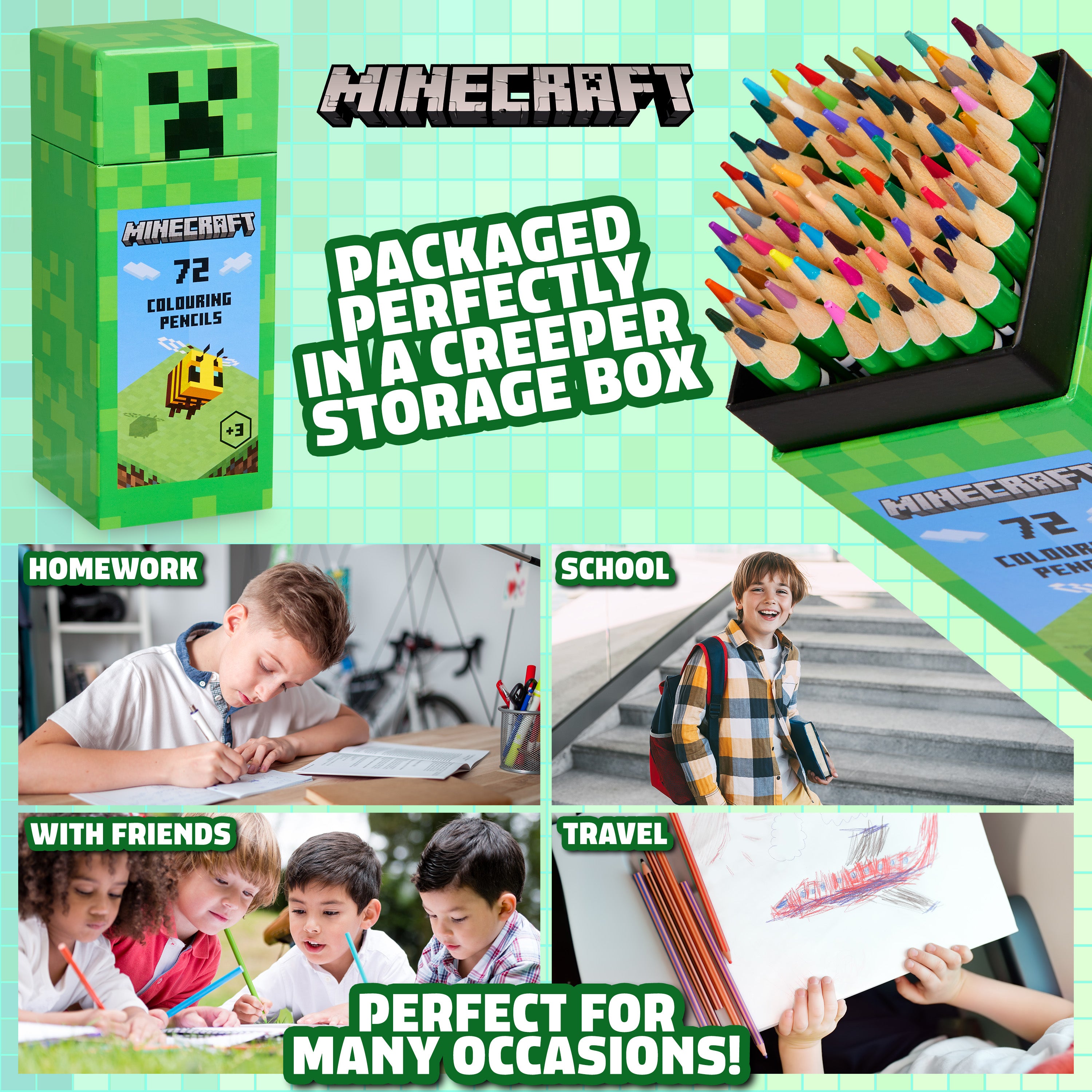 Minecraft Colouring Pencils Set for Kids 72 Pencils Colouring Box Creeper Design - Get Trend