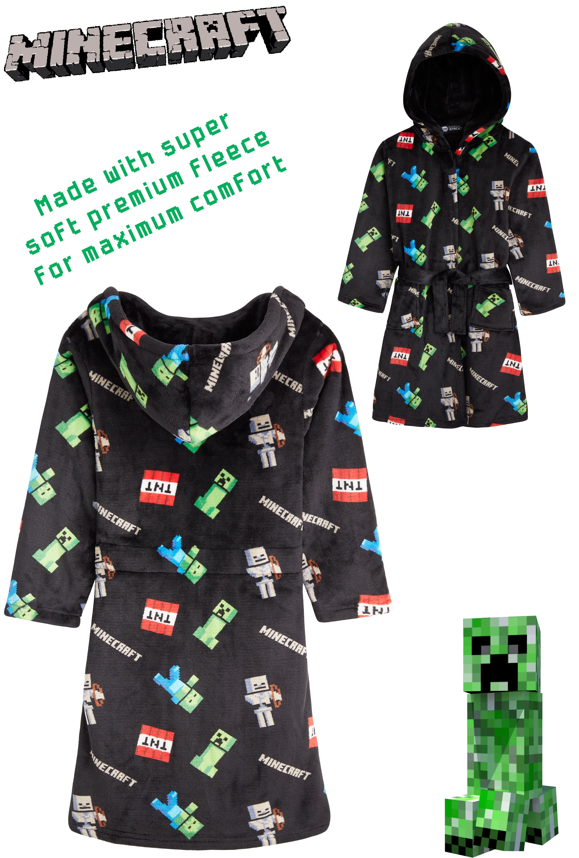 Minecraft Dressing Gown for Boys, Fluffy Fleece Bathrobe Kids Teens - Get Trend
