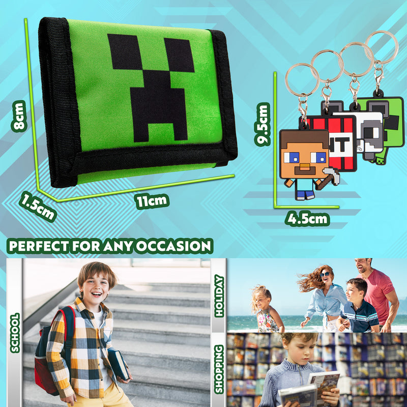 Minecraft Boys Wallets for Kids with Card Slots, Zip Coin Pocket & Keyrings