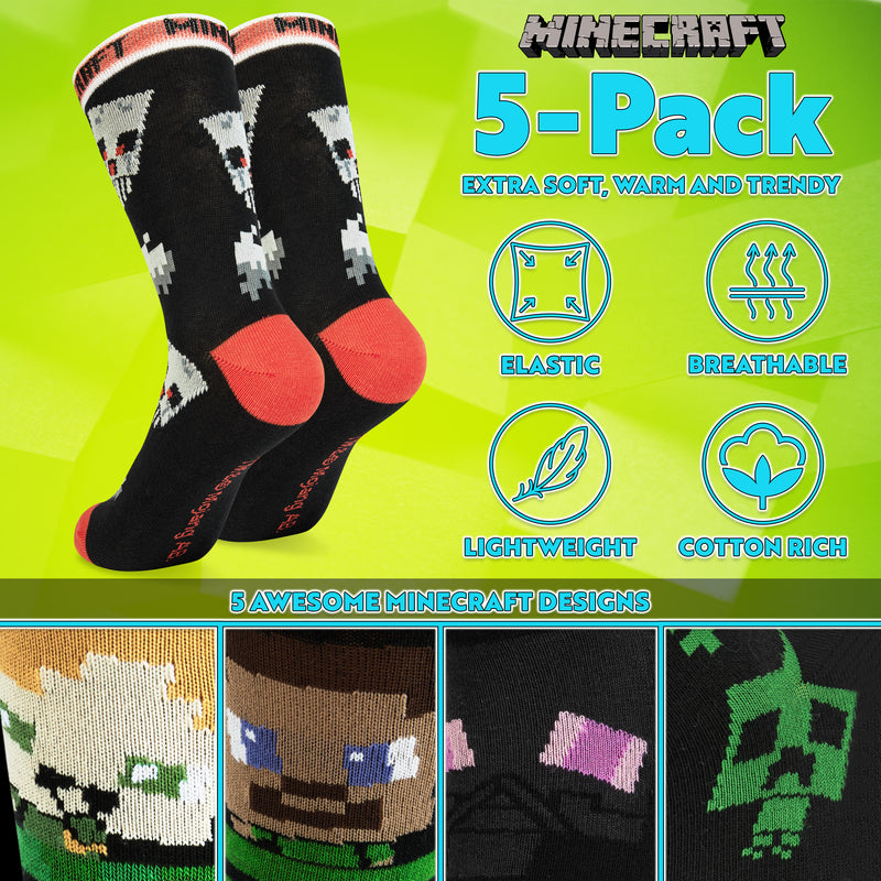 Minecraft Boys Socks  5 Pack - Cotton-Rich Socks