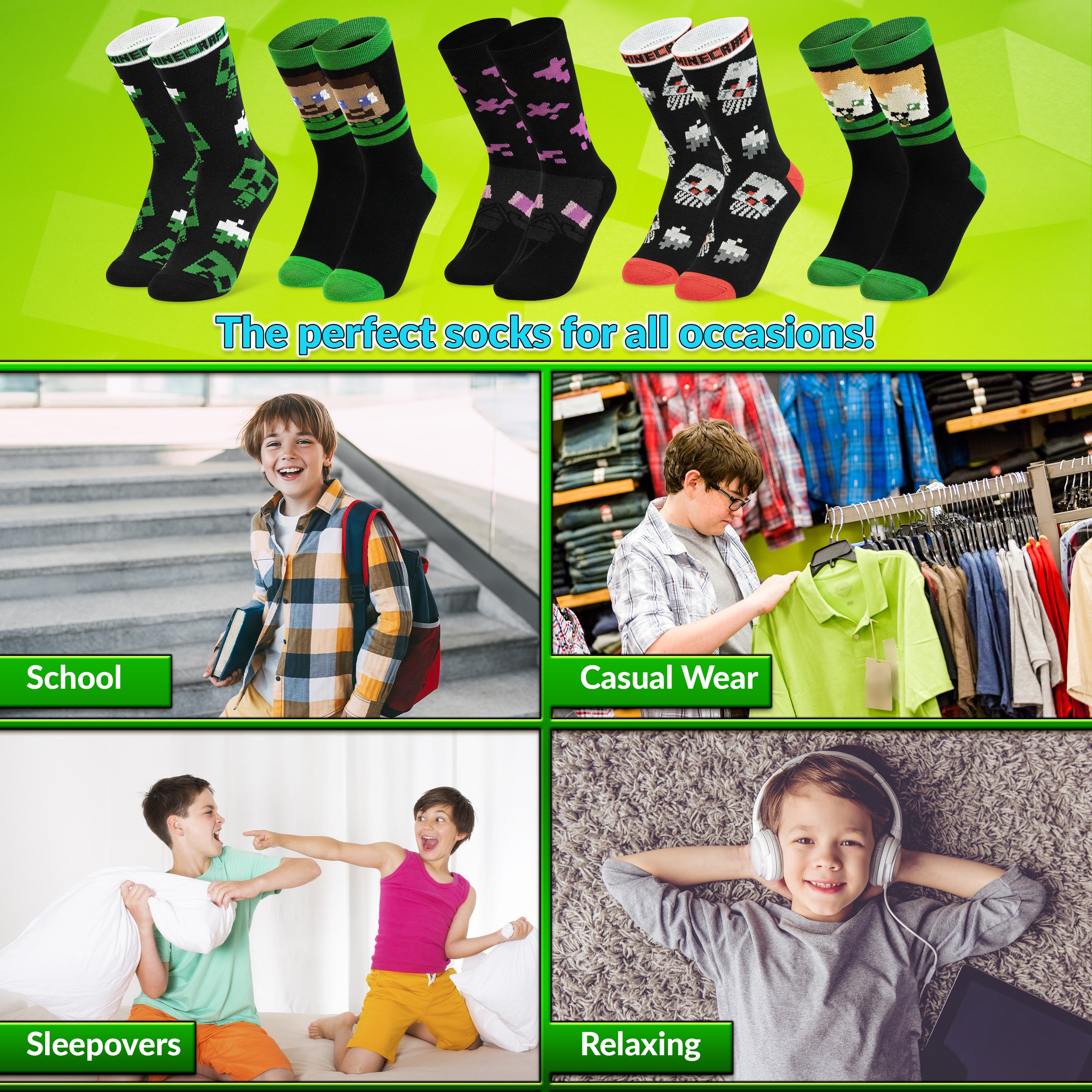 Minecraft Boys Socks  5 Pack - Cotton-Rich Socks - Get Trend