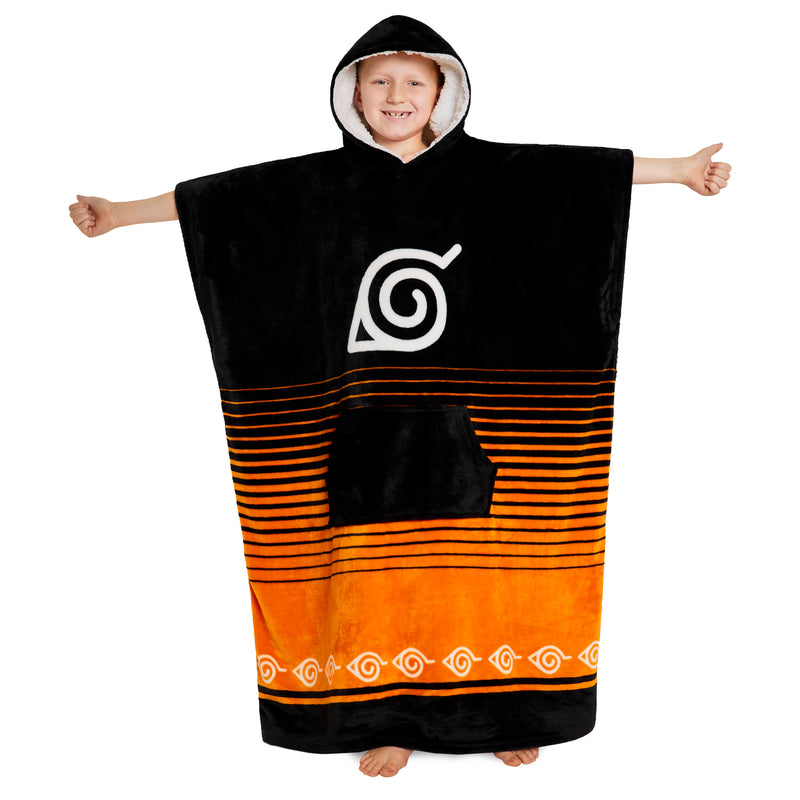 Naruto Fleece Hoodie Blanket for Boys and Teenagers - Black/Orange