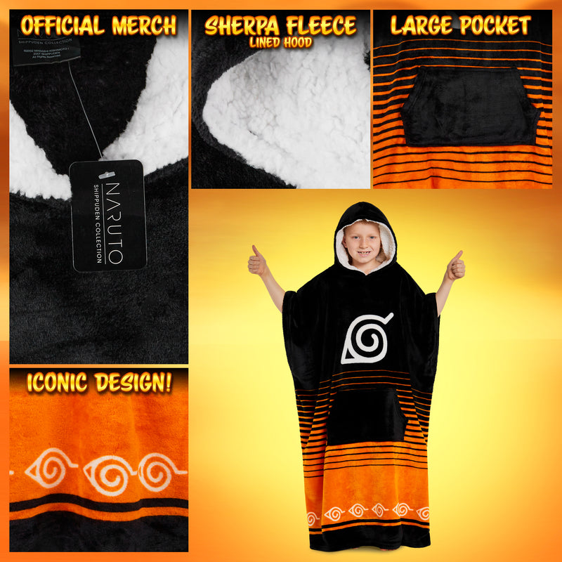 Naruto Fleece Hoodie Blanket for Boys and Teenagers - Black/Orange