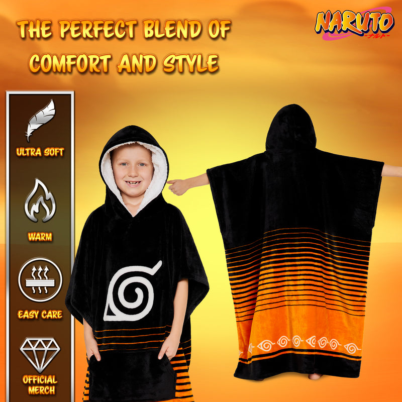 Naruto Fleece Hoodie Blanket for Boys and Teenagers - Black/Orange - Get Trend