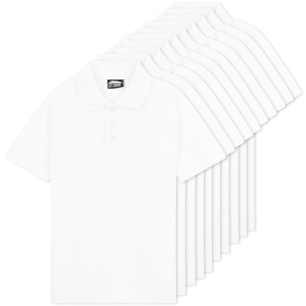 CityComfort White Polo Shirt Boys and Girls, Plain Short Sleeve T Shirt - 10 Pack