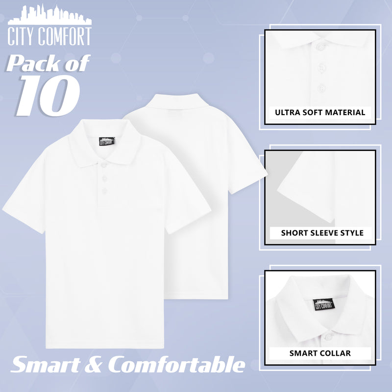 CityComfort White Polo Shirt Boys and Girls, Plain Short Sleeve T Shirt - 10 Pack - Get Trend