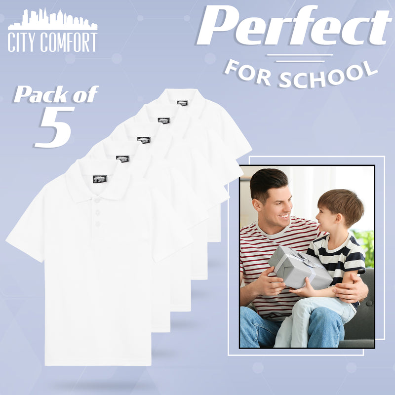CityComfort White Polo Shirt Boys and Girls, Plain Short Sleeve T Shirt - 5 Pack - Get Trend