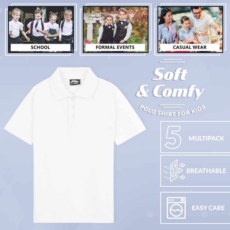 CityComfort White Polo Shirt Boys and Girls, Plain Short Sleeve T Shirt - 5 Pack - Get Trend